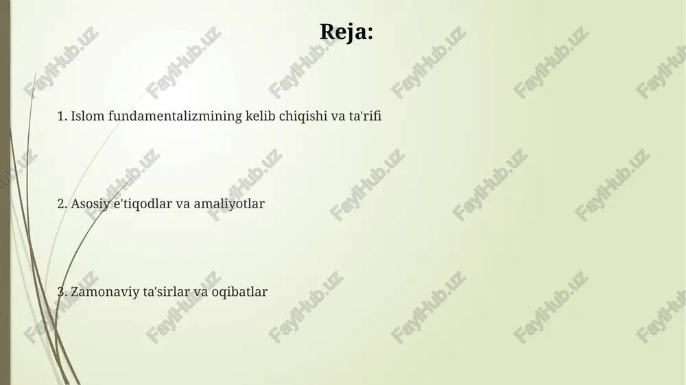riga moslashishga urinishdir. jihodiy fundamentalizm, xususan, 1980-yillarda afg‘onistonda sovet ittifoqiga qarshi kurash natijasida shakllandi va bu harakat terrorchilik tashkilotlarining paydo bo'lishiga olib keldi. puritan fundamentalizm islomning ilk davriga qaytishni targ'ib qiladi va 7-asrda bo'lganidek, diniy amallarni qat'iy bajarishni talab etadi, bu esa har qanday yangilikka qarshilikni anglatadi. sabablari va omillari g'arb madaniyatining ta'siri, ayniqsa, 20-asrda, an'anaviy qadriyatlarga tahdid sifatida qabul qilinib, diniy kimlikni saqlashga intilish islomiy fundamentalizmga yo'l ochdi. ijtimoiy-iqtisodiy tengsizlik, 1970-yillardan boshlab, adolatsizlik hissi va hukumatga ishonchsizlikni kuchaytirib, islomiy fundamentalizmning o'sishiga turtki bo'ldi. siyosiy barqarorsizlik va avtoritar rejimlar, ayniqsa, 1980-yillarda, siyosiy erkinliklar cheklangan sharoitda islomiy g'oyalarni yoyish imkoniyatini berib, fundamentalizmning tarqalishiga yordam berdi. oqibatlari va ta'siri ushbu oqibatlar iqtisodiy sohada ham seziladi; xorijiy investitsiyalar 25 foizga kamayadi, savdo aloqalari susayadi va turizm sohasida 40 foizgacha pasayish kuzatiladi. islom fundamentalizmi natijasida tolerantlik darajasining pasayishi kuzatiladi, bu esa 1400 yillik tarixga ega bo'lgan turli mazhablar o'rtasida 30 foizga bahsli munosabatlarni keltirib …