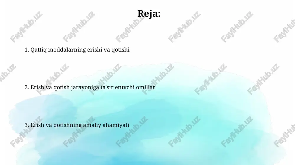 rorat; masalan, muzning erish nuqtasi 0 daraja selsiy (32 daraja farengeyt). moddaning erish nuqtasi uning kimyoviy tarkibi va molekulalararo kuchlariga bog'liq; yuqori kuchlar yuqori erish nuqtasini talab qiladi. qotish nuqtasi qotish nuqtasi – bu modda suyuq holatdan qattiq holatga o'tadigan aniq harorat, bunda molekulalarning kinetik energiyasi intermolekulyar kuchlardan past bo'ladi. moddaning qotish nuqtasi uning erish nuqtasi bilan bir xil bo'ladi, faqatgina jarayon teskari yo'nalishda kechadi, ya'ni 0 gradus selsiyda muz suvga aylanadi va aksincha. erish va qotish jarayonida energiya eriydigan modda energiya oladi, uning molekulalari tezroq harakat qilib, molekulalararo bog'lanishlarni yengadi va qattiq holatdan suyuq holatga o'tadi. bu jarayonda harorat o'zgarmaydi. qotish jarayonida modda energiya chiqaradi, molekulalar harakati sekinlashadi va molekulalararo kuchlar ortadi, suyuqlikdan qattiq holatga o'tish sodir bo'ladi. harorat qotish nuqtasida doimiy bo'lib qoladi. erish va qotish grafiklari eruv va qotish grafiklari moddaning haroratini vaqt o'tishi bilan ko'rsatadi, bunda erish nuqtasida harorat o'zgarmaydi, chunki issiqlik fazani o'zgartirishga sarflanadi. grafikdagi …
