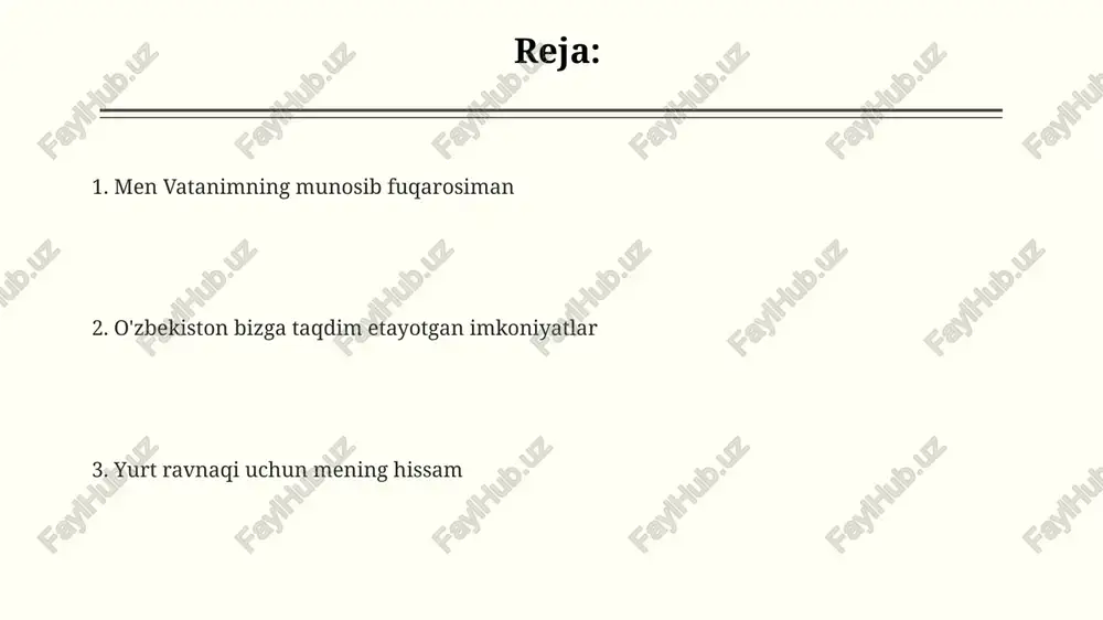 tiladi. bizning burchimiz – vatan ravnaqiga hissa qo'shish vatan ravnaqiga hissa qo'shish – bu har bir fuqaroning konstitutsiyaviy burchi bo'lib, 18 yoshdan oshgan har bir shaxs jamiyat taraqqiyotida faol ishtirok etishi kerak. milliy iqtisodiyotni rivojlantirish uchun biz innovatsiyalarga investitsiya kiritishimiz, 2030-yilgacha davlat dasturlarini amalga oshirishimiz va yangi ish o'rinlari yaratishimiz zarur. ta'lim sohasiga e'tibor qaratish, ilm-fanni qo'llab-quvvatlash va yosh avlodni vatanga muhabbat ruhida tarbiyalash – bu vatan ravnaqi uchun muhim omil hisoblanadi. kelajak avlod uchun yaratilgan imkoniyatlar it sohasini rivojlantirish maqsadida "one million uzbek coders" loyihasi ishga tushirilgan bo'lib, 1 million yosh it mutaxassislarini tayyorlash rejalashtirilgan, bu raqamli kelajak uchun muhim. yoshlarga xorijiy universitetlarda ta'lim olish uchun "el-yurt umidi" jamg'armasi orqali 1000 dan ortiq grantlar ajratilib, kelajak bunyodkorlari qo'llab-quvvatlanmoqda. "yoshlar daftari" orqali 30 yoshgacha bo'lgan ishsiz yoshlarga 40 dan ortiq yo'nalishda imtiyozli kreditlar berilib, bandlikni oshirish va tadbirkorlikni rag'batlantirish ko'zda tutilgan. e'tiboringiz uchun rahmat