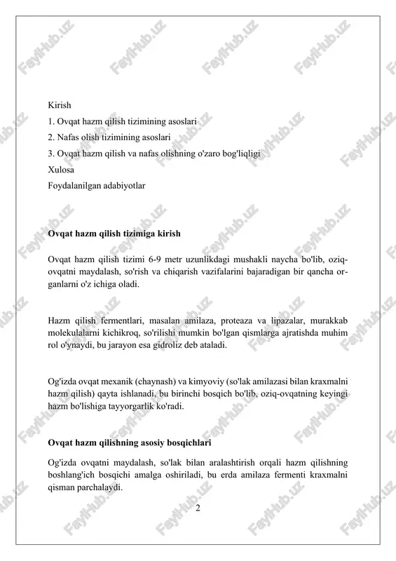 lariga kirishini oldini oladi. oshqozonning roli oshqozon hcl kislotasi va fermentlar, masalan, pepsinni ishlab chiqaradi, bu esa oqsillarni parchalaydi. bu jarayon ovqat hazm qilishning dastlabki bosqichidir. oshqozon peristaltika orqali ovqatni aralashtirib, ximus deb ataladigan suyuqlik hosil qiladi. ximus ingichka ichakka sekin o'tadi. oshqozon ichki qoplag'ichi qalin shilliq qavat bilan himoyalangan. bu oshqozon kislotasining oshqozon devorlarini shikastlanishdan saqlaydi. ingichka ichak - ozuqa moddalarining so'rilishi ingichka ichakning shilliq qavatida mayda, barmoqsimon o'simtalar, ya'ni vorsinkalar mavjud bo'lib, ularning yuzasi 250 kvadrat metrgacha bo'lishi mumkin, bu esa so'rilish maydonini sezilarli darajada oshiradi. oqsillar aminokislotalarga, uglevodlar monosaxaridlarga va yog'lar yog' kislotalari va glitseringa parchalangandan so'ng, bu kichik molekulalar ingichka ichak orqali qonga so'riladi. so'rilgan ozuqa moddalari portal qon tomirlari orqali jigar ga tashiladi, u yerda qayta ishlanadi, saqlanadi va organizmga tarqatiladi, bu esa 95 foizgacha so'rilish samaradorligini ta'minlaydi. yo'g'on ichak va chiqindi moddalarni chiqarish yoʻgʻon ichak, taxminan 1,5 metr uzunlikda, hazm boʻlmagan oziq-ovqatdan suv va …