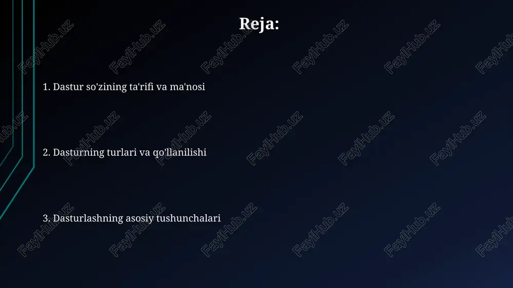 sinonimlari va antonimlari 'dastur' so'zining sinonimlari orasida 'reja', 'loyihalar' kabi so'zlar mavjud. ushbu sinonimlar dasturning maqsadini, ya'ni aniq bir vazifani bajarish uchun tuzilganligini ko'rsatadi. ba'zi hollarda, 'tasodif' so'zi 'dastur' so'ziga antonim bo'lishi mumkin, ayniqsa, dastur qat'iy rejalashtirilgan tartibni ifodalaganda. bu ziddiyatni tushunish juda muhimdir. dastur so'zining qo'llanilishi “dastur” so‘zi kompyuter texnologiyalarida algoritm asosida yozilgan, ma’lumotlarni qayta ishlovchi, 0 va 1 raqamlari orqali ifodalangan buyruqlar ketma-ketligini anglatadi. iqtisodiyotda “dastur” davlat budjeti hisobidan moliyalashtiriladigan, 5-10 yil muddatga mo‘ljallangan, aniq maqsadlarga yo‘naltirilgan kompleks tadbirlarni o‘z ichiga oladi. dastur so'zining turli sohalardagi ma'nolari dasturlashda "dastur" so'zi 1000 qatorli koddan iborat bo'lishi mumkin bo'lgan, kompyuterga muayyan vazifani bajarishni buyuruvchi ko'rsatmalar to'plamini anglatadi. iqtisodiyotda "dastur" so'zi davlat tomonidan moliyalashtiriladigan, 5 yillik istiqbolga mo'ljallangan, aholi turmush darajasini yaxshilashga qaratilgan maxsus loyihalarni ifodalaydi. kompyuter dasturlari haqida ma'lumot kompyuter dasturlari 1940-yillarda paydo bo'lgan, eniac kabi dastlabki mashinalar uchun maxsus yozilgan, ularning maqsadi murakkab hisoblashlarni avtomatlashtirish edi. dasturlash tillari bir …