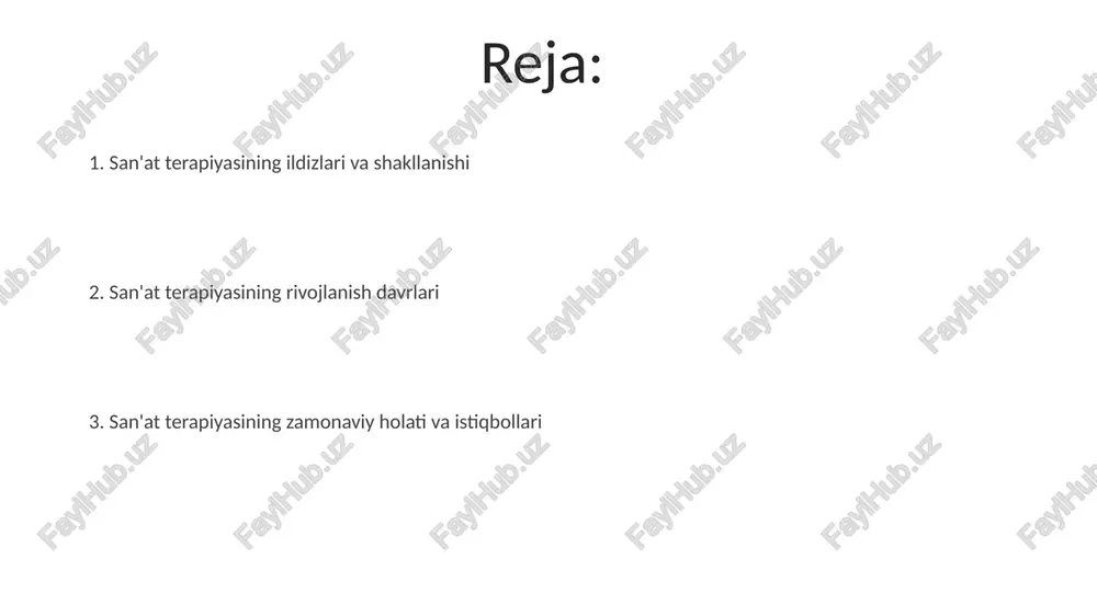 rli o'sishni ko'rsatmoqda, bu esa miya faoliyatiga ta'sirni o'rganishda 2024 yilda ortib boradi. bugungi kunda san'at terapiyasi onlayn platformalarda keng tarqalgan bo'lib, 50 dan ortiq turli texnikalar yordamida individual va guruh mashg'ulotlarini o'tkazish imkonini beradi. san'at terapiyasining kelajagi san'at terapiyasi texnologiyalar bilan integratsiyalashib, masofaviy yordam va virtual reallik orqali 2.0 avlod davolanish imkoniyatlarini 2025 yilga qadar kengaytiradi. kelajakda san'at terapiyasi nevrologik kasalliklar uchun biomarkerlarni aniqlashda yordam beradi, shu bilan 3d bosma asboblar orqali shaxsiy davolash rejalari yaratiladi. e'tiboringiz uchun rahmat image5.jpg image6.jpg image7.jpg image8.jpg image9.jpg image10.jpg image1.jpeg image2.jpeg