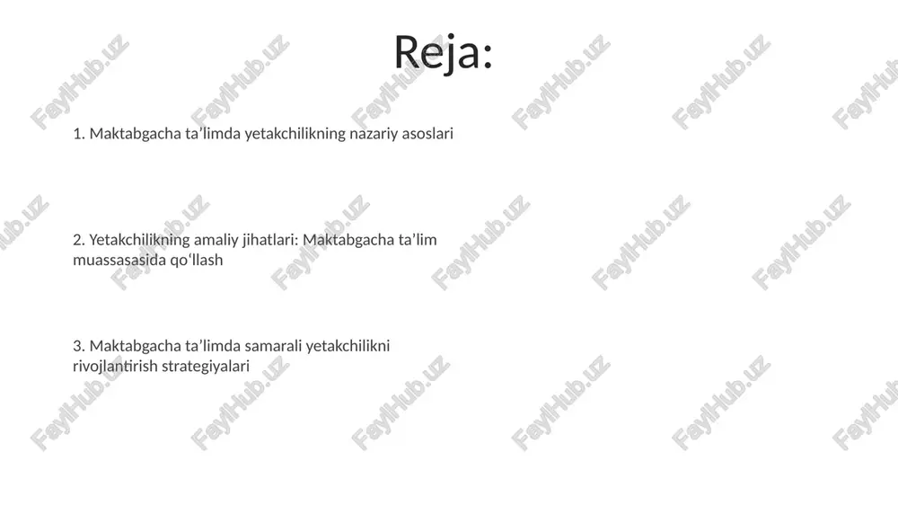 cha rivojlantirishga masʼuldir, jumladan, 4 ta metodik va 3 ta shaxsiy rivojlanish yoʻnalishlari boʻyicha. maktabgacha taʼlimda liderlikni rivojlantirish strategiyalari maktabgacha taʼlim muassasalarida liderlikni rivojlantirishda 5 bosqichli dasturlar, jumladan, xodimlarni oʻqitish va 360 gradusli baholash metodlari muhim rol oʻynaydi. bolalarda liderlik qobiliyatlarini rivojlantirish uchun oʻyinlar, loyihalar va guruhli mashgʻulotlar kabi 4 turdagi interaktiv usullardan foydalanish katta ahamiyatga ega. maktabgacha taʼlimda liderlikning pedagogik jamoaga taʼsiri liderlik pedagogik jamoada erta yoshdagi bolalar rivojlanishining 5 ta asosiy sohasida (ijtimoiy, emotsional, kognitiv) sifatli o'sishini ta'minlaydi. pedagogik liderlik jamoada o'zaro hurmat, 4 tamoyilga asoslangan hamkorlik va innovatsion metodlarni qabul qilish madaniyatini shakllantiradi. maktabgacha taʼlimda liderlikni baholash va takomillashtirish liderlikni takomillashtirish uchun, har bir pedagog xodimga kamida 2 ta kasbiy rivojlanish dasturi (seminar, trening) yilda taklif etiladi. maktabgacha taʼlimda liderlikni baholash 360 gradusli baholash usulidan foydalanadi, bu xodimning oʻzini baholashidan, hamkasblari va rahbarlarining fikrlaridan iborat. e'tiboringiz uchun rahmat image5.jpg image6.jpg image7.jpg image8.jpg image9.jpg image10.jpg image11.jpg image1.jpeg image2.jpeg