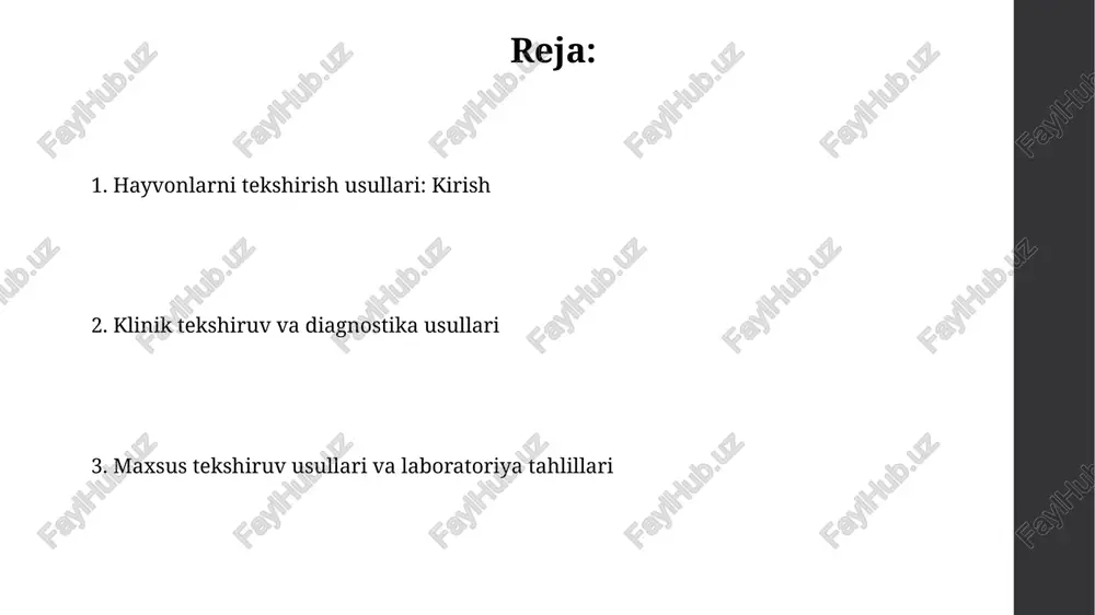 ar instrumental tekshiruvlar fiziologik jarayonlarni baholash uchun ekg, eeg va emg kabi usullarni o'z ichiga oladi, ular yurak, miya va mushaklar faoliyatini aniqlaydi. rentgen nurlari va ultratovush kabi instrumental tekshiruvlar suyak sinishlari, ichki organlardagi o'smalar va homiladorlikni aniqlashda muhim rol o'ynaydi, aniqlik darajasi yuqori. maxsus tekshiruv usullari maxsus tekshiruv usullariga endoskopiya kiradi, bu esa ichki organlarni vizual baholash uchun 2.7 mm dan 10 mm gacha bo'lgan optik asbobdan foydalanadi va biopsiya olish imkonini beradi. elektrokardiografiya (ekg) yurak faoliyatini baholashda muhim. 12 ta qo'rg'oshin tizimi yurakning elektr faolligini 0.04 sekundlik aniqlik bilan qayd etadi, yurak aritmiyalarini aniqlashga yordam beradi. e'tiboringiz uchun rahmat image1.png image2.jpg image3.jpg image4.jpg image5.jpg image6.jpg image7.jpg