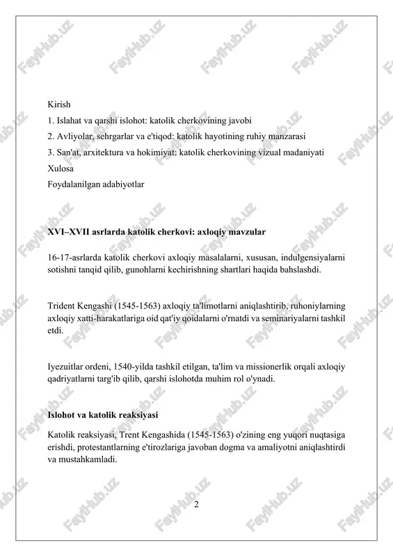 chora-tadbirlar bor edi. iezuitlar ordeni: ta'limot va missiya iezuitlar ordeni 1540-yilda tashkil topgan bo'lib, asosiy maqsadi katolik ta'limotini yoyish va protestantizmga qarshi kurashish edi.ular ta'lim sohasiga katta e'tibor qaratdilar. ignatius loyola tomonidan asos solingan iezuitlar, 'ruhoniy mashqlar' deb nomlangan ma'naviy amaliyot orqali a'zolarini tarbiyalashgan. bu usul shaxsiy imonni mustahkamlashga qaratilgan. iezuitlar missionerlik faoliyati xvi-xvii asrlarda yevropadan tashqariga, jumladan, osiyo, afrika va amerikaga yoyildi. ular mahalliy madaniyatlarni o'rganib, xristianlikni targ'ib qilishdi. avliyolar va mistiklar: e'tiqodning namunasi avliyolar, masalan, avliyo tereza avila (1515-1582), ichki ibodat orqali xudoga bevosita erishishni targ'ib qilib, katolik islohotida muhim rol o'ynadi. mistikalarning ta'limotlari, ayniqsa avliyo ioann xochning (1542-1591) asarlari, e'tiqodning chuqur shaxsiy tajribasini shakllantirdi va meditativ amaliyotlarni rivojlantirishga yordam berdi. ignatiy loyola (1491-1556) asos solgan iezuitlar ordeni, avliyolarga xos xususiyatlarni targ'ib qilish va 16-17-asrlarda e'tiqodni yoyishda katta ahamiyatga ega bo'lgan. san'at va arxitektura: katolik islohotining ifodasi barokko uslubi, 17-asrda paydo bo'lgan, katolik cherkovining qudratini namoyish etuvchi teatrlashgan, …
