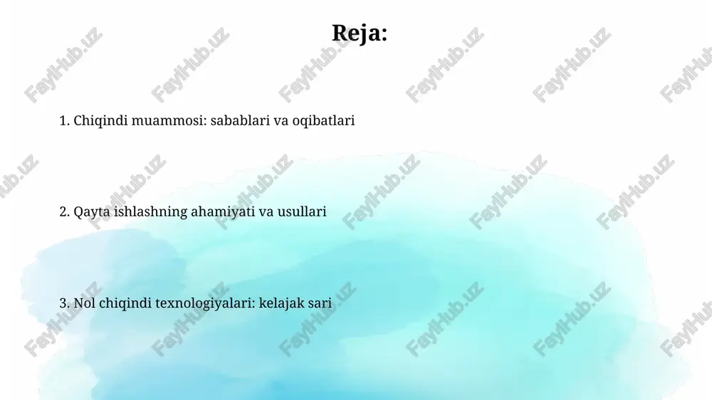 acha dastlabki monomerlarni olish imkonini beradi va yangi mahsulotlar uchun xomashyo bo'lib xizmat qiladi. qog'ozni qayta ishlash jarayonida sellyuloza tolalari qayta ishlanadi, bunda 5-7 martagacha qayta ishlatilishi mumkin, har bir qayta ishlashda tolalar uzunligi kamayadi va sifati pasayadi. o'zbekistonda recycling holati o'zbekistonda qayta ishlash ko'rsatkichlari past: umumiy chiqindilarning taxminan 7-15%i qayta ishlanadi, bu esa yevropa standartlaridan ancha orqada ekanligini ko'rsatadi. 2023-yil holatiga ko'ra, o'zbekistonda 20 dan ortiq qayta ishlash korxonalari faoliyat yuritmoqda, ularning aksariyati polimerlar va qog'oz kabi ma'lum materiallarni qayta ishlashga ixtisoslashgan. nol-chiqindi texnologiyalari: kontseptsiya va misollar nol-chiqindi texnologiyalari 3r tamoyiliga asoslanadi: qayta kamaytirish (reduce), qayta foydalanish (reuse) va qayta ishlash (recycle), resurslardan optimal foydalanishga qaratilgan. misol sifatida, biomimikriya texnologiyasi tabiatdan ilhomlanib, sanoat jarayonlarini chiqindisiz qilishga yordam beradi. masalan, barglar misolida suv yig’ish tizimini yaratish. nol-chiqindi texnologiyalarini joriy etish istiqbollari sanoatda chiqindisiz texnologiyalarni tatbiq etish orqali 20% gacha resurslar tejash va atrof-muhitga zararli ta'sirni kamaytirish imkoniyati mavjud, bu esa …