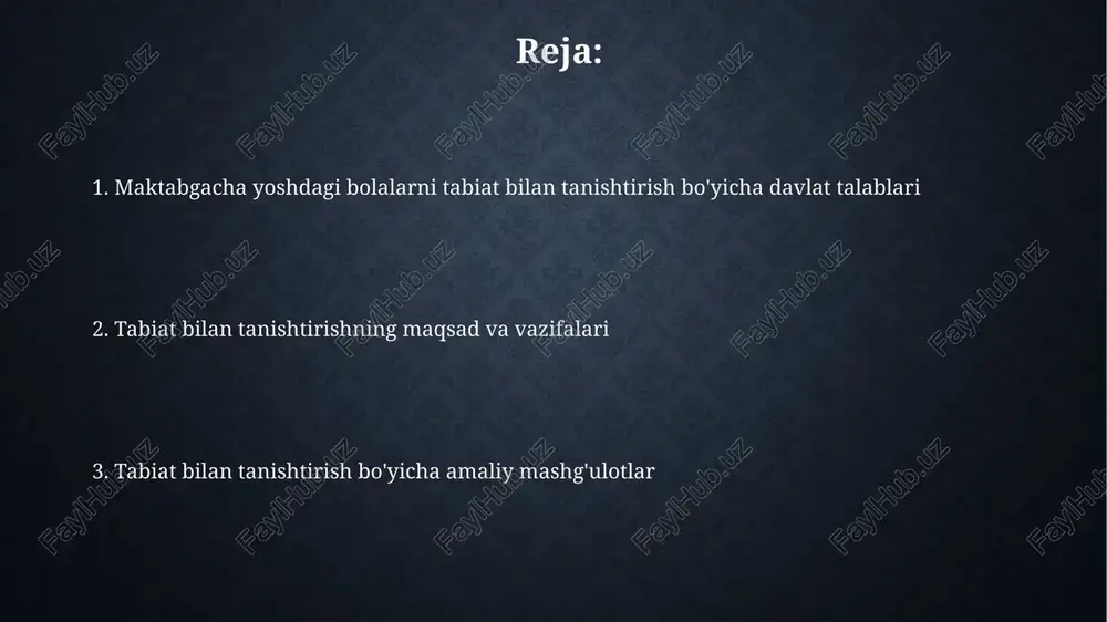 tmalar bolalar uchun tushunarli tilda yozilgan bo'lishi zarur. tabiat bilan tanishtirish usullari va shakllari bolalarga tabiatni tanishtirishda kuzatuv usuli muhim ahamiyatga ega, chunki u ularning 5 ta sezgi organlari orqali atrof-muhitni idrok etishiga yordam beradi. suhbat va hikoyalar orqali tabiat hodisalari (masalan, 4 fasl) va ularning o'ziga xos xususiyatlari, shuningdek, tabiatdagi 3 ta asosiy o'zgarishlar tushuntiriladi. kuzatuv usuli “kuzatuv usuli” bolalarda tabiatga qiziqishni oshirish uchun muhim. u 3-7 yoshdagi bolalarga ob’ektlar, hodisalar va ularning o’zgarishlarini sezishga yordam beradi. ushbu usulda bolalar 10-15 daqiqa davomida fasllar almashinuvi kabi tabiiy jarayonlarni kuzatishi mumkin, keyin esa kuzatishlari haqida gapirishlari mumkin. tajriba o'tkazish usuli tajriba o'tkazishda 3-5 yoshli bolalarga ob’ektning xususiyatlarini aniqlashda yordam beruvchi sodda vositalar (magnit, lupa) bilan tanishtirish tavsiya etiladi. maktabgacha yoshdagi bolalar uchun tajribalar natijalarini 2-3 ta asosiy xulosaga jamlash muhim, masalan, suvni qizdirish natijasida bug’ga aylanishi. o'yinlar orqali tabiatni o'rganish bolalar tabiatni o‘rganish uchun “yer sharini aylanamiz” o‘yinida 5 qit’a …