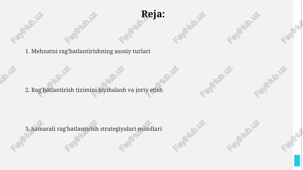 qirralari nomoddiy rag'batlantirish, masalan, 90 kunlik loyihani muvaffaqiyatli yakunlagan xodimga minnatdorchilik xati, uning hissasi qadrlanishini ko'rsatadi. kasbiy o'sish imkoniyatlari, jumladan, 2 yillik mentorlik dasturi, xodimlarning motivatsiyasini oshiradi va 75% gacha mahsuldorlikni yaxshilaydi. ijodiy erkinlik va mustaqillik, misol uchun, xodimlarga 20% vaqtni yangi g'oyalar yaratishga sarflashga ruxsat berish, innovatsiyalarni rag'batlantiradi. rag'batlantirish tizimini loyihalash tizimda 3 xil turdagi rag'batlantirishni qo'llang: moddiy (pul mukofotlari), nomoddiy (maqtov yorliqlari) va imtiyozli (qo'shimcha ta'tillar) usullari kombinatsiyasi samaraliroq bo'ladi. rag'batlantirish tizimini loyihalashda 70/30 qoidasiga e'tibor qarating, ya'ni 70% bazaviy ish haqi va 30% ko'rsatkichlarga bog'liq bonuslar bo'lishi maqsadga muvofiqdir. har bir xodim uchun kpi (asosiy ko'rsatkichlar) ni aniq belgilab oling va ularning smart (aniq, o'lchanadigan, erishiladigan, real, vaqtga bog'liq) tamoyiliga mos kelishini ta'minlang. rag'batlantirish dasturining samaradorligini baholash baholash jarayonida xodimlarning fikr-mulohazalarini 360 daraja so'rovnomalar orqali yig'ish va olingan ma'lumotlarga asoslangan holda dasturni moslashtirish samaradorlikni oshiradi. baholash dasturining samaradorligini roi (investitsiyadan qaytish) orqali o'lchash, xarajatlarni foyda bilan solishtirish …