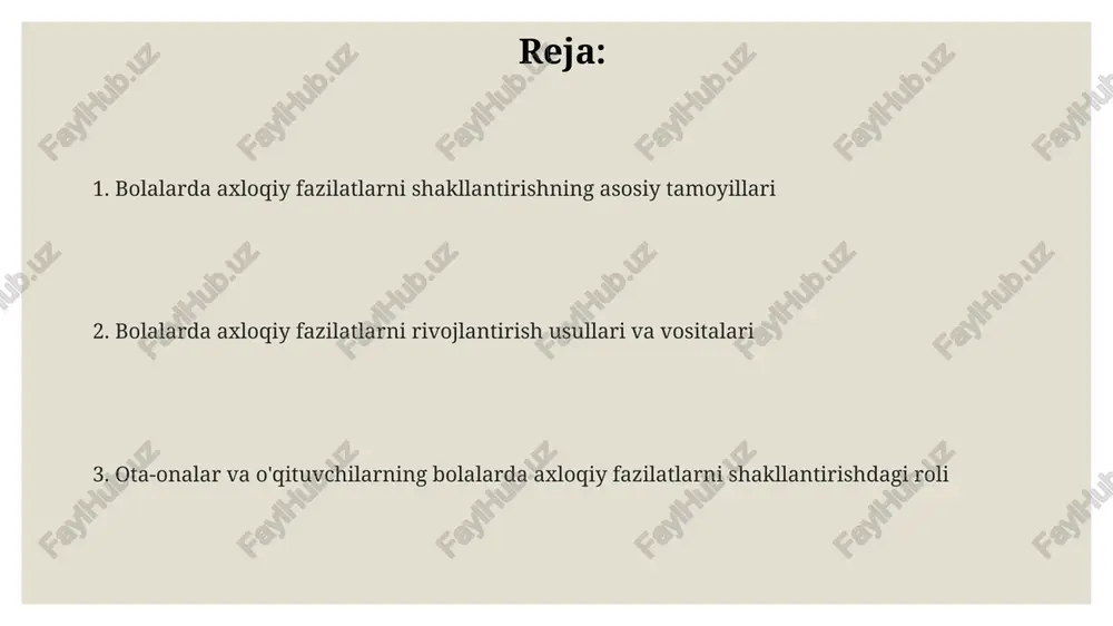 ko'rsatadi, bu esa keyingi hayotda 80% muvaffaqiyatga erishish uchun zarur bo'lgan xulq-atvorni shakllantiradi. maktabgacha ta'lim dasturlari bolalarda 3 yoshdan 6 yoshgacha bo'lgan davrda mustaqillik, mas'uliyat va hamkorlik kabi axloqiy fazilatlarni rivojlantirishga qaratilgan. o'tkazilgan tadqiqotlar shuni ko'rsatadiki, maktabgacha ta'lim olgan bolalarning 75% i maktabda yaxshi natijalarga erishadi va kelajakda jamiyatga foyda keltiradi. maktabning o'rni maktablar, guruh bilan ishlash, bahslar va loyihalarda ishtirok etish orqali bolalarda 4 ta asosiy axloqiy qadriyatni: hamjihatlik, adolat, hurmat va mas'uliyatni rivojlantiradi. maktab, 6-18 yosh oralig'ida, axloqiy me'yorlar va ijtimoiy javobgarlikni shakllantirishda muhim rol o'ynaydi, o'qituvchilarning shaxsiy namunalari orqali. o'quv dasturi doirasida adabiyot, tarix va jamiyatshunoslik fanlari orqali 5 ta asosiy insoniy fazilat: mehr-oqibat, do'stlik, halollik, sabr-toqat va xushmuomalalik targ'ib qilinadi. do'stlar va tengdoshlarning roli do'stlar va tengdoshlar orqali bolalar 3 yoshdan boshlab empatiyani rivojlantiradi va 6 yoshga kelib boshqalarning his-tuyg'ularini anglash qobiliyati ortadi, bu esa 90% hollarda mehr-muruvvatni kuchaytiradi. do'stlar bilan munosabatlar 4 yoshdan keyin murakkablashadi, …