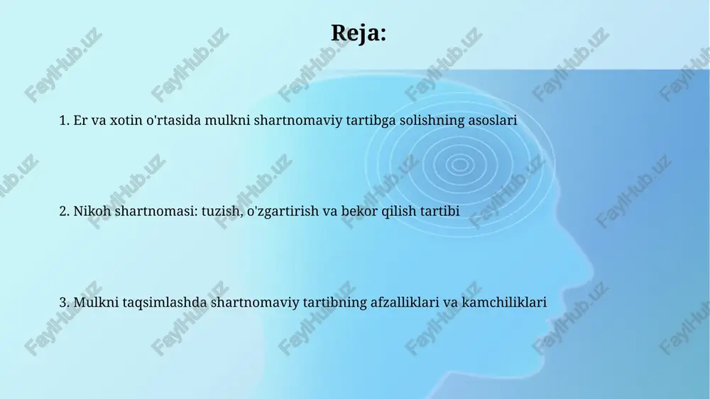 batan qonuniy rejimni yoki shartnoma asosidagi rejimni aniqlashni o'z ichiga oladi. o'zbekistonda er va xotin o'rtasidagi mulkiy munosabatlar oila kodeksi bilan tartibga solinadi va ular nikoh shartnomasini tuzish orqali o'zaro kelishuvga erishishlari mumkin, bu moddiy huquqlarni belgilaydi. alohida mulk “alohida mulk” nikohga qadar er yoki xotinning shaxsiy egaligida bo'lgan mol-mulkni o'z ichiga oladi, bu fuqarolik kodeksining 23-moddasida belgilangan. bundan tashqari, “alohida mulk” nikoh davomida er yoki xotin tomonidan meros yoki hadya sifatida olingan mol-mulkni ham o'z ichiga qamrab oladi, bu oila kodeksining 69-moddasida qayd etilgan. umumiy mulk umumiy mulk er va xotinning nikoh davrida orttirgan har qanday mulkidir, o'zbekiston respublikasi oila kodeksining 23-moddasiga muvofiq, ularning hissasidan qat'i nazar teng ulushlarda taqsimlanadi. nikoh shartnomasida er-xotin umumiy mulkni taqsimlashning boshqacha tartibini belgilashi mumkin, lekin bu tartib o'zbekiston respublikasi fuqarolik kodeksining 182-moddasiga zid bo'lmasligi lozim. mulklarni taqsimlash qoidalari nikoh shartnomasida mulkni taqsimlash qoidalari o'zbekiston respublikasi oila kodeksining 30-moddasi bilan tartibga solinadi, er-xotin o'rtasida …