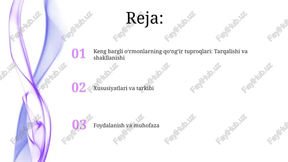 di. qo'ng'ir tuproqlarning unumdorligi va o'simliklar uchun ahamiyati ushbu tuproqlar tarkibidagi kaltsiy va magniy kabi elementlar o'simliklarning normal o'sishi uchun zarur, ularning ildiz tizimini mustahkamlaydi va poyaning rivojlanishini ta'minlaydi. qo'ng'ir tuproqlar 2-4% gumusga ega bo'lib, o'simliklar uchun muhim oziq moddalarni saqlaydi, bu esa hosildorlikni oshiradi va o'rmon ekotizimini qo'llab-quvvatlaydi. qo'ng'ir tuproqlardan foydalanish va muhofaza qilish qo'ng'ir tuproqlardan foydalanishda 25-30% organik o'g'itlar qo'llash, suv eroziyasiga qarshi kurashish va almashlab ekish tizimlarini joriy etish muhim ahamiyatga ega. tuproq unumdorligini saqlash uchun 0.5-1.0 tonna/ga mineral o'g'itlar bilan birgalikda biologik preparatlar qo'llash orqali o'simliklar hosildorligini oshirish mumkin. xulosa xulosa qismida broad-leaved o'rmonlarning jigarrang tuproqlari tarkibi, ph darajasi 6.0-7.0 atrofida bo'lishi, unumdorligi va o'simliklar o'sishiga ta'siri muhokama qilinadi. broad-leaved o'rmonlarning jigarrang tuproqlarida 2-4% organik moddalar mavjudligi, tuproq hosildorligini oshirishda muhim rol o'ynashi ham xulosada ta'kidlanadi. e'tiboringiz uchun rahmat image4.png image5.jpg image6.jpg image7.jpg image8.jpg image9.jpg image10.jpg image11.jpg image1.jpeg image2.jpeg image3.jpeg
