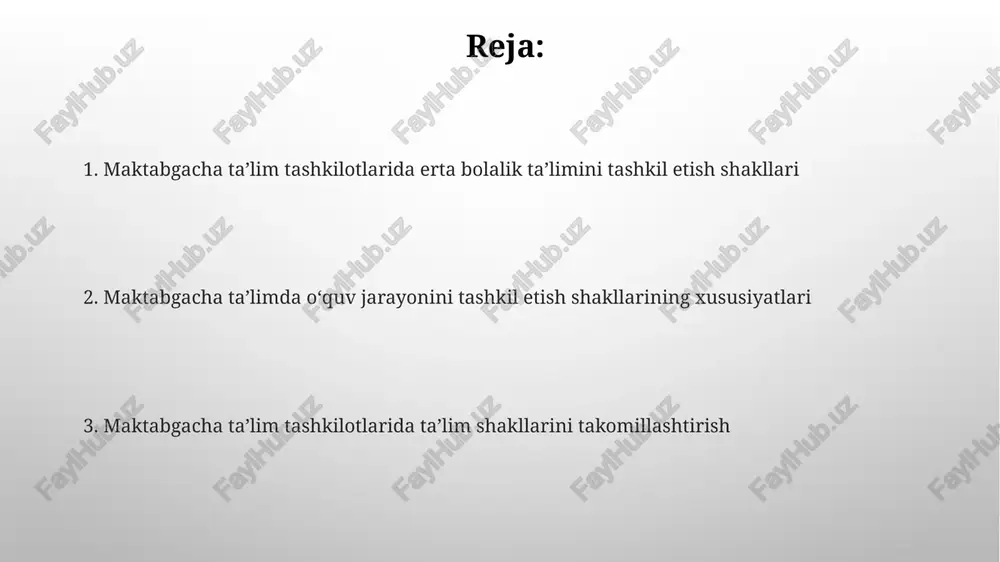 r va vaziyatlarni modellashtiradilar, masalan, 'kasalxonada' o'yini. individual ta'lim yo'nalishlari har bir "ta'lim yo'nalishi" bolaning 3-7 yoshdagi individual qobiliyatlarini rivojlantirishga qaratilgan bo'lib, ularga 4 ta asosiy kompetentsiyani singdirishni maqsad qiladi. maktabgacha ta'lim tashkilotlarida "ta'lim yo'nalishlari" 5 ta asosiy sohani qamrab oladi: ijtimoiy-emotsional rivojlanish, nutq, kognitiv, jismoniy rivojlanish, hamda ijodiy rivojlanish. guruhli ta'lim shakllari guruhli ta’lim shakllari erta yoshdagi bolalarni 3 yoshgacha bo‘lgan kichik guruhlarda tarbiyalashni nazarda tutadi, bunda har bir bolaga individual yondashuv muhim. 5-6 yoshli bolalar uchun mo‘ljallangan katta guruhlarda esa, o‘quv mashg‘ulotlari 25-30 daqiqa davom etadi, bu ularning diqqatini jamlash qobiliyatini rivojlantiradi. integratsiyalashgan ta'lim integratsiyalashgan ta’limda turli fanlar va mavzular bir-biriga bog’lanib, bolalarga keng qamrovli va yaxlit tushuncha berishga qaratilgan 3-5 yoshli guruhlar uchun. ushbu ta’lim shakli bolalarning qiziqishlari va ehtiyojlariga moslashadi, ya’ni o’qituvchilar 4 asosiy sohani (ijtimoiy, kognitiv, hissiy, jismoniy) hisobga olgan holda dars rejalashtirishadi. mavzuli ta'lim mavzuli ta’lim – bu erta yoshdagi bolalarga 1-3 hafta davomida …
