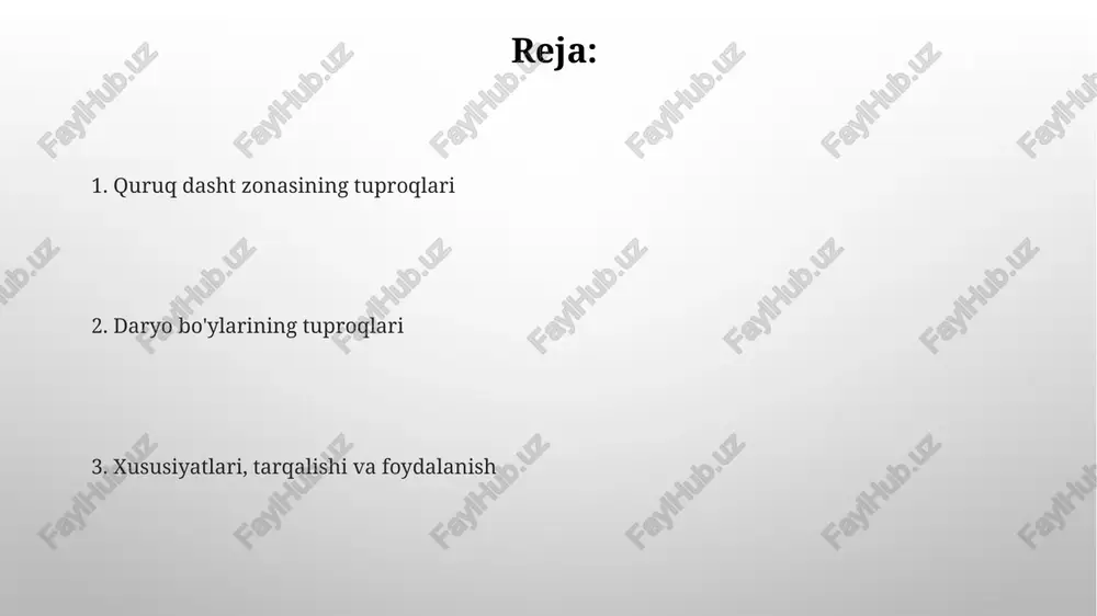ish bilan foydalaniladi. daryo bo'yi tuproqlari 50-70% unumdorligi sabab sabzavotchilik, bog'dorchilik va poliz ekinlari uchun idealdir, shuningdek, 10-15 gektar maydonlarda sholi yetishtirishga moslashgan. tuproqlarning degradatsiyasi va uni oldini olish choralari tuproq degradatsiyasi, unumdorlikning kamayishi bilan tavsiflanadi, mineralizatsiya va gumus yo'qolishi tufayli, bu hosildorlikning 30-50% gacha pasayishiga olib kelishi mumkin. sug'orishda suvni tejash texnologiyalari, masalan, tomchilatib sug'orish, tuproq eroziyasini 20-30% ga kamaytirishi va suvni 40% gacha tejashi mumkin. xulosa xulosa qurg'oqchil dasht zonasida tuproq unumdorligini oshirish uchun o'g'itlardan ratsional foydalanish, sug'orish texnologiyalarini takomillashtirish va almashlab ekish tizimlarini joriy etish muhim ahamiyatga ega. daryo bo'ylaridagi tuproqlarning degradatsiyasini oldini olish uchun qirg'oqlarni mustahkamlash, eroziyaga qarshi kurash tadbirlarini amalga oshirish va suv resurslaridan oqilona foydalanish zarurdir. bu ekotizimni saqlaydi. e'tiboringiz uchun rahmat image2.png image5.jpg image6.jpg image7.jpg image8.jpg image9.jpg image10.jpg image11.jpg image3.png