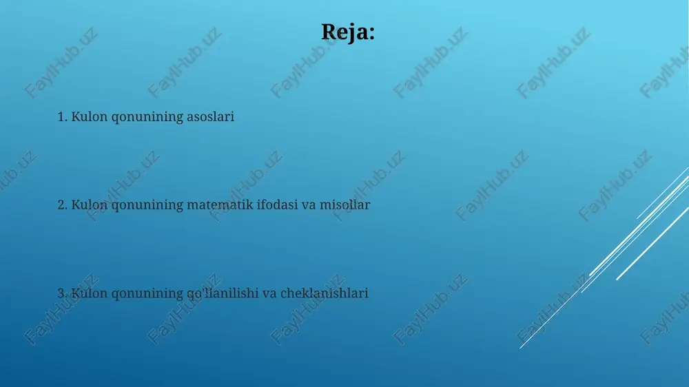 i. kulon qonunini qo'llash misollari elektrostatik filtrlar havoni tozalashda kulon qonuniga asoslanadi, zaryadlangan zarralarni yig'ish uchun kuch ishlatadi, pm2.5 kabi ifloslantiruvchi moddalarni 99% gacha kamaytiradi. lazerli printerlar siyohni qog'ozga o'tkazish uchun kulon kuchidan foydalanadi, drum zaryadini boshqaradi va keyin toner zarralarini elektrostatik tarzda tortadi, yuqori aniqlikdagi bosmalarni yaratadi. kulon qonunining chegaralanishi kulon qonuni faqatgina statik zaryadlar uchun amal qiladi; harakatlanuvchi zaryadlar magnit maydon hosil qiladi, bu esa qo'shimcha kuchlarni keltirib chiqaradi va qonunni buzadi. qonun atom ichidagi masofalarda qo'llanilmaydi, chunki kvant mexanikasi effektlari muhim rol o'ynaydi. elektronlar aniq traektoriya bo'ylab harakat qilmaydi. xulosa kulon qonuni elektrostatik kuchni aniqlashda muhim rol o'ynaydi, uning asosiy formulasi f=k*q1*q2/r^2 bo'lib, zaryadlar orasidagi masofa va zaryad miqdorini hisobga oladi. tajribalar shuni ko'rsatadiki, kulon qonuni atom darajasidagi zaryadlangan zarralar uchun ham, makroskopik o'lchamdagi zaryadlar uchun ham to'g'ri keladi, bu uning universal ahamiyatini ta'kidlaydi. e'tiboringiz uchun rahmat image1.png image2.jpg image3.jpg image4.jpg image5.jpg image6.jpg image7.jpg image8.jpg