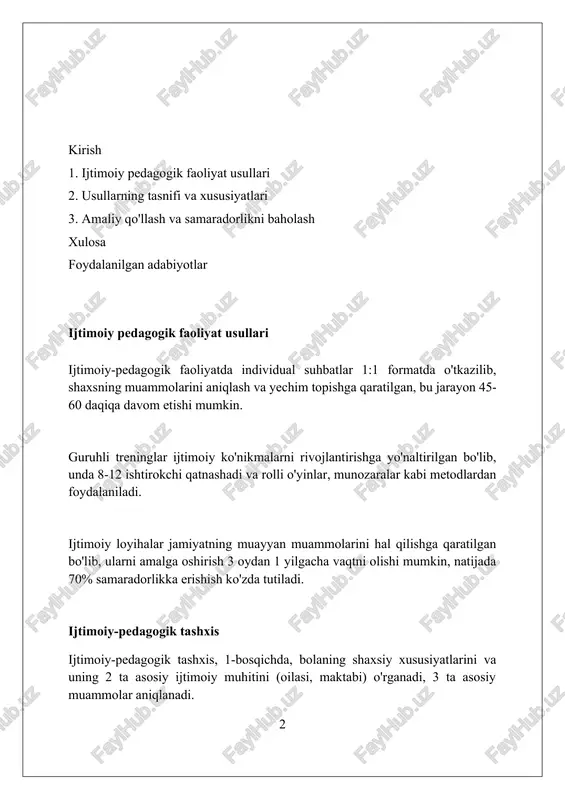 t qilishni o'z ichiga oladi. ijtimoiy-pedagogik loyihalashtirish ijtimoiy-pedagogik loyihalashtirish 5 bosqichdan iborat boʻlib, muammoni aniqlash, maqsadlarni belgilash, resurslarni rejalashtirish, loyihani amalga oshirish va natijalarni baholashni oʻz ichiga oladi. bu jarayon, 3 asosiy komponentga ega: loyihaning maqsadi (1), vazifalari (2) va kutilayotgan natijalar (3) – jamiyatdagi ijobiy oʻzgarishlarga erishish uchun muhimdir. ijtimoiy loyihalar 2 ta asosiy turga boʻlinadi: profilaktik loyihalar, muammolarni oldini olishga qaratilgan va korreksion loyihalar, mavjud muammolarni hal qilishga yoʻnaltirilgan. ijtimoiy-pedagogik profilaktika ijtimoiy-pedagogik profilaktika erta bosqichda 12 yoshgacha bo'lgan bolalarning deviant xatti-harakatlarining oldini olishga qaratilgan kompleks chora-tadbirlarni o'z ichiga oladi. profilaktika jarayonida oila, maktab va jamoatchilik hamkorligi 3 ta asosiy omil bo'lib, bolalarga ijtimoiy moslashuvda yordam beradi va salbiy ta'sirlardan himoya qiladi. ijtimoiy pedagoglar profilaktika doirasida 5 xil yondashuvni qo'llaydilar: ma'rifiy, psixologik, huquqiy, tibbiy va ijtimoiy-iqtisodiy usullar bolalarning farovonligini ta'minlash uchun. ijtimoiy-pedagogik korrektsiya ijtimoiy-pedagogik korrektsiya erta bolalikdan boshlab 18 yoshgacha bo'lgan bolalarning xulq-atvoridagi og'ishlarni 3 bosqichda bartaraf etishga qaratilgan …