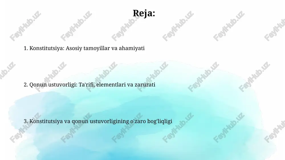 larning huquqlarini himoya qilishda muhim rol o'ynaydi, bu konstitutsiyaning 106-moddasida belgilab qo'yilgan asosiy kafolatdir. qonun ustuvorligini ta'minlash mexanizmlari qonun ustuvorligini taʼminlash mexanizmlaridan biri mustaqil sud hokimiyatidir, bu esa 120 dan ortiq moddalarga muvofiq adolatli qarorlar qabul qilishga imkon beradi. konstitutsiyaviy nazorat organlari, masalan, konstitutsiyaviy sud, qonunlarning 68-moddasiga koʻra konstitutsiyaga mosligini tekshirib, qonun ustuvorligini qoʻllab-quvvatlaydi. konstitutsiya va qonun ustuvorligi: o'zbekiston tajribasi o'zbekiston konstitutsiyasi 1992-yil 8-dekabrda qabul qilingan bo'lib, davlatning asosiy qonuni sifatida inson huquqlari va erkinliklarini kafolatlaydi. 2023-yilda konstitutsiyaga kiritilgan o'zgartirishlar, xalq hokimiyatchiligi va parlament rolini kuchaytirishga qaratilgan muhim islohotlar hisoblanadi. e'tiboringiz uchun rahmat image3.jpg image4.jpg image5.jpg image6.jpg image7.jpg image8.jpg image9.jpg image1.png