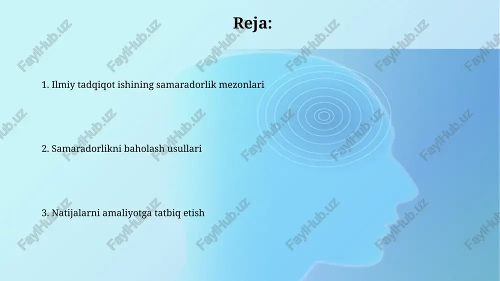 lishga, 70% samaradorlikni oshirishga yoki yangi texnologiyalarni joriy etishga hissa qo'shishini anglatadi. ilmiy jamoatchilik tomonidan tan olinishi va iqtibosi ilmiy jamoatchilik e'tirofi, ilmiy maqolalarga qilingan iqtiboslar soni orqali o'lchanadi, bu tadqiqotning ta'siri va dolzarbligini ko'rsatuvchi asosiy metrikadir. yuqori iqtiboslilik indeksi, tadqiqotning boshqa olimlar tomonidan qabul qilinganligini va ularning ishlarida qo'llanilganligini anglatadi, bu esa uning qimmatini tasdiqlaydi. tadqiqotning grantlar va investitsiyalarni jalb qilish qobiliyati tadqiqot grantlari va investitsiyalari ko'pincha aniq maqsadlarga, masalan, texnologik tayyorlik darajasini (trl) 6 dan 9 gacha oshirishga qaratilgan aniq natijalarga bog'liqdir. investorlar tadqiqotning bozor potentsialini, tijoratlashtirish imkoniyatini va investitsiyalarning qaytarilishini (roi) baholaydilar, bu esa innovatsion echimlarning qiymatini oshiradi. e'tiboringiz uchun rahmat image3.jpg image4.jpg image5.jpg image6.jpg image7.jpg image8.jpg image9.jpg image1.png