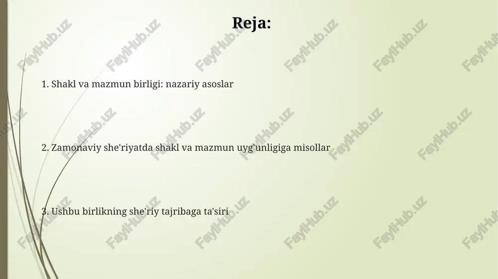 'r tuzilishiga, masalan, bandlar soni va qofiyalanish sxemasiga 23 ta'sir ko'rsatishini tushunamiz. modern she'riyatda mazmunning murakkabligi, 32 ta'sirchanligi yangi shakllarni yaratadi: erkin vazn, assonans va dissonans kabi usullar keng qo'llaniladi. 21-asr she'riyatida g'oyaning ahamiyati oshishi shaklning an'anaviy qoliplaridan chekinishga sabab bo'ldi; 38, tajribalar orqali yangi ifoda vositalari topilmoqda. vizual she'riyat: shakl va mazmunning uzviy bog'liqligi shakl va mazmun uyg'unligi vizual she'riyatda 3d elementlar yoki ranglar orqali ifodalanadi; bu usul she'riy matnning estetik va hissiy ta'sirini sezilarli darajada oshiradi. vizual she'riyatda shakl, masalan, harflarning joylashuvi, mazmunni 20-asr oʻrtalaridan boshlab vizual tasvirlar orqali kuchaytiradi, bunda 'bet shakli' muhim rol oʻynaydi. zamonaviy vizual she'riyatda interaktivlik, ya'ni o'quvchining she'r bilan 4-o'lchovli munosabati orqali shakl va mazmun birligi yangi bosqichga ko'tariladi. fonetik she'riyat: tovush va ma'no uyg'unligi zamonaviy fonetik she'riyatda 4 asosiy maqsad ko'zlanadi: nutq madaniyatini oshirish, milliy o'zlikni saqlash, tovush imkoniyatlarini kashf etish hamda estetik zavq berish. fonetik she'riyatda alliteratsiya, assonans kabi 2 asosiy …