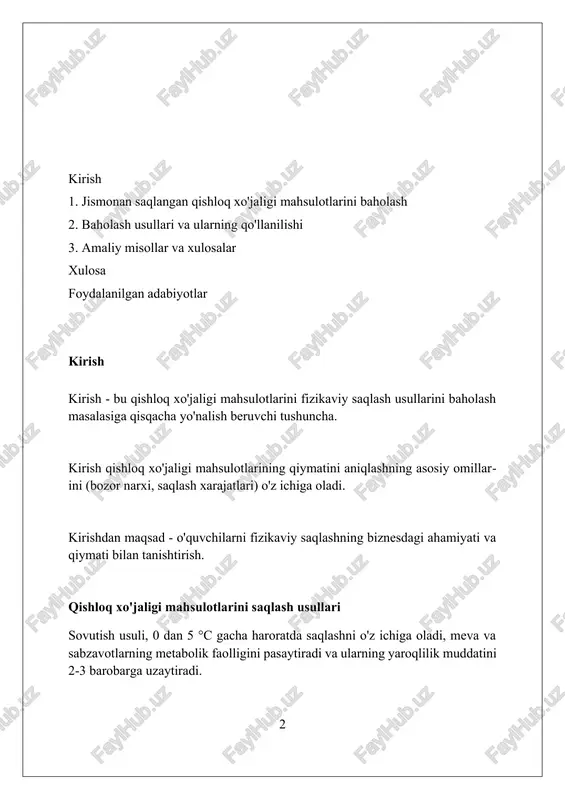ya'ni 12 oylik saqlash davri mobaynida sifat o'zgarishi baholashga ta'sir qiladi, chunki u sotish narxiga sezilarli ta'sir ko'rsatadi. saqlash xarajatlari, shu jumladan har bir tonna mahsulotni saqlash uchun sarflangan 150 000 so'm (taxminan $12) baholash jarayonida hisobga olinishi zarur. bozor dinamikasi, masalan, 20% narx o'zgarishi, talab va taklif muvozanati, shuningdek, import-eksport hajmi baholashda muhim rol o'ynaydi. bozor narxini tahlil qilish bozor narxini tahlil qilishda 5 yillik o'rtacha narxlarni solishtirish, mavsumiy o'zgarishlarni (masalan, hosil paytida 15% pasayish) aniqlash uchun foydalidir. taklif va talab o'rtasidagi muvozanatni aniqlash uchun 3 xil bozorda narxlar farqini (masalan, mahalliy bozor va eksport narxlari) ko'rib chiqish muhim. transport xarajatlari (masalan, 1 tonna uchun 100,000 so'm) va saqlash xarajatlari (masalan, har oyda 2%) narxlarga qanday ta'sir qilishini tahlil qilish zarur. soliishtiruv baholash usuli soliishtiruv baholash usuli bozorda o'xshash mahsulotlarning narxlarini taqqoslash orqali baholashni amalga oshiradi, masalan, 1 kg bodringning o'rtacha narxi 5000 so'm bo'lsa. ushbu usul, asosan, faol …