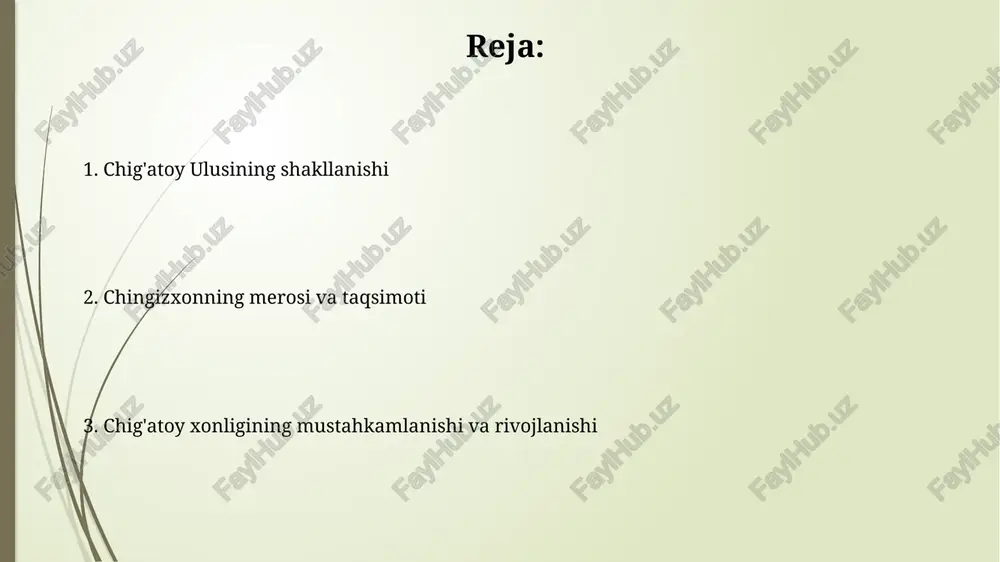 y qismini tashkil etgan, ammo bu chegaralar doimiy emas edi. siyosiy tuzilma va boshqaruv chig'atoy ulusi davlat tuzilishi mo'g'ul imperiyasi an'analariga asoslangan bo'lib, xon hokimiyati eng yuqori hisoblangan, u harbiy va siyosiy rahbar edi. ulug' amirlar kengashi muhim davlat masalalarini, masalan, xonni saylash va siyosatni muhokama qilishda hal qiluvchi rol o'ynagan, ularning fikri inobatga olingan. iqtisodiy asoslar va savdo yo'llari chig'atoy ulusining iqtisodiyoti yarim ko'chmanchi chorvachilikka asoslangan bo'lib, asosiy boylik manbai bo'lgan chorva mollari, ayniqsa, qo'ylar soni 8 millionga yetgan. savdo yo'llari ipak yo'lining bir qismi bo'ylab o'tgan, samarqand va buxoro kabi shaharlar orqali karvon savdosi rivojlangan, bunda 10-15% bojlar undirilgan. madaniy va etnik xilma-xillik chigʻatoy ulusida turli etnik guruhlar, jumladan, moʻgʻullar, turklar va eronliklar mavjud boʻlib, har biri oʻz tili va madaniyatini saqlab qolgan. bu xilma-xillik siyosiy manzara va ijtimoiy tuzilmaga taʼsir koʻrsatdi. madaniyatlarning aralashuvi natijasida, 13-14-asrlarda ulusda fors, turk va moʻgʻul anʼanalarini birlashtirgan oʻziga xos chigʻatoy adabiyoti va …