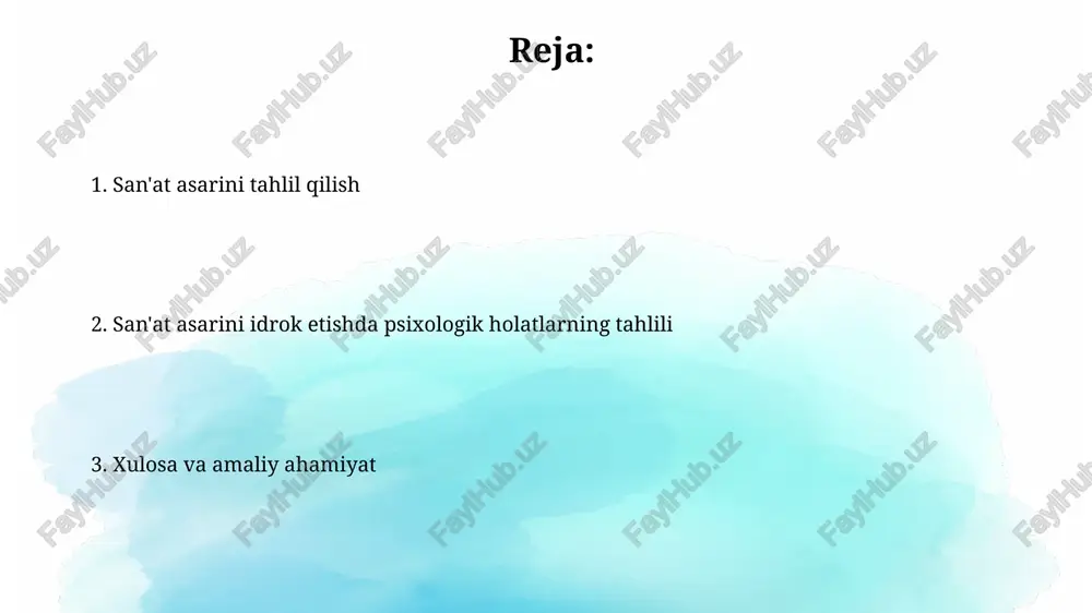 ni farqli tarzda namoyon etadi. rang va yorug'likning psixologik ta'siri qizil rang hayajon, g'azabni uyg'otishi mumkin, lekin 72 soat ichida shijoatni oshirishi mumkin; bu rang intensivlik va quvvat bilan bog'liq. ko'k rang xotirjamlikni, ishonchni ta'minlaydi, pul birligi 10 dan ortiq davlatlarda ko'k rang ishlatiladi; u ko'pincha professional muhitda qo'llaniladi. shakl va fazoning idroki "shakl va fazoning idroki" vizual elementlarning tashkil etilishini o'z ichiga oladi, masalan, chiziqlar, shakllar va ranglar, ular 2d yoki 3d ob'ektlarni yaratadi. fazoning idroki ikki asosiy turga bo'linadi: "ijobiy fazo" (ob'ekt egallagan joy) va "salbiy fazo" (ob'ekt atrofidagi bo'sh joy). ushbu farq muhim ahamiyatga ega. materiallar va texnikaning ta'siri materiallar va texnikaning vizual ta'siri rang intensivligiga, fakturaga va yuzaga qo'llaniladigan vositalar orqali tuzilishga bevosita ta'sir qiladi, masalan, 3d effektlar uchun impasto texnikasi. materiallar va texnikaning ta'siri badiiy asarning uzoq umr ko'rishiga ta'sir qiladi; masalan, uv nurlariga chidamli pigmentlar 200 yildan ortiq muddatga rangning saqlanishini ta'minlaydi. semiotik tahlil: …