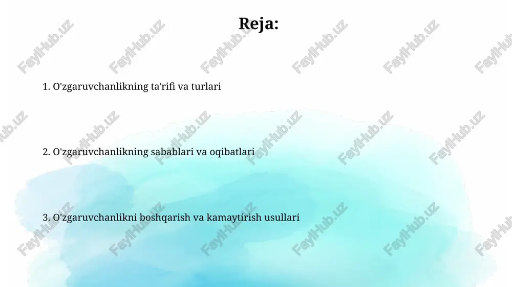 atga bo'lish orqali hisoblanadi. yuqori vk ma'lumotlar to'plamida 50% dan ortiq katta tarqalishni ko'rsatadi. dispersiya statistikadagi asosiy tushuncha bo'lib, u ma'lumotlar to'plamasi o'rtacha qiymatdan qanchalik uzoqda tarqalganligini aniqlaydi. katta dispersiya 10, 20, 30 kabi katta farqlarni anglatadi. iqlim o'zgaruvchanligi iqlim o'zgaruvchanligi, 1880-yildan beri global haroratning 1 daraja selsiyga oshishiga olib keldi, bu esa qutb muzliklarining erishiga va dengiz sathining ko'tarilishiga sabab bo'lmoqda. issiqxona gazlari kontsentratsiyasining oshishi, ayniqsa karbonat angidrid (co2) 415 ppm ga yetdi, quyosh energiyasining atmosferada ushlanib qolishiga olib keladi va global isishni kuchaytiradi. genetik o'zgaruvchanlik genetik oʻzgaruvchanlik populyatsiyada allellarning 0 dan 100% gacha boʻlgan chastotalarda mavjudligini anglatadi, bu esa tur ichida fenotipik xilma-xillikni taʼminlaydi. mutatsiyalar, gen oqimi va genetik rekombinatsiya kabi jarayonlar dnk ketma-ketligini oʻzgartirib, genetik oʻzgaruvchanlikni yaratadi; bu 10^4 dan 10^6 gacha mutatsiya tezligini keltirib chiqaradi. mahsulotdagi o'zgaruvchanlik mahsulotdagi o'zgaruvchanlik 6 sigma sifat nazorati usullari orqali kamaytirilishi mumkin, bu jarayonda nuqsonlar millionda 3.4 tadan oshmasligini ta'minlaydi. o'zgaruvchanlikka …