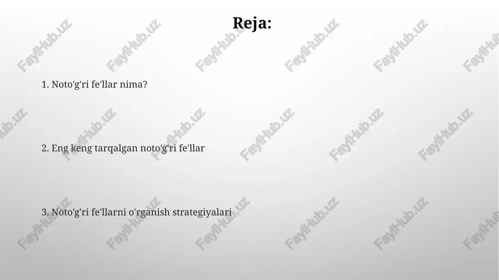 'was/were', 'been' kabi turli shakllari mavjud, bu shakllar zamon va shaxsga bog'liq. noto'g'ri fe'llarning o'tgan zamon shakllari o'zgaruvchan, masalan, 'go' (bormoq) fe'li o'tgan zamonda 'went' bo'ladi, bu esa oddiy '-ed' qo'shimchasini ishlatmaydi. o'tgan zamon shakllari o'tgan zamon shakllari fe'lning ildiziga '-di', '-gan', '-ib' kabi qo'shimchalarni qo'shish orqali yasaladi, masalan, 'keldi' (kel-di), 'borgan' (bor-gan). ba'zi fe'llar uchun o'tgan zamon shakli, masalan 'aytmoq' fe'li 'aytdi' kabi, qoidaga bo'ysunmaydi va fonetik o'zgarishlarga uchrashi mumkin. o'tgan sifatdosh shakllari o'tgan zamon sifatdoshi '-gan' qo'shimchasi bilan yasaladi va fe'lning o'tgan zamonda bajarilganligini, lekin sifat vazifasini bajarishini ko'rsatadi, masalan, 'yozilgan xat'. o'tgan zamon sifatdoshlari gapda aniqlovchi bo'lib keladi, predmetning belgisini anglatadi va '-gan' qo'shimchasidan tashqari, '-ilgan', '-qan' kabi variantlari ham mavjud. fe'l asoslari va o'zgarishlar fe'l asoslari 2 turga bo'linadi: o'zgarmas (tub fe'llar) va o'zgaruvchan (yasama fe'llar). o'zgarmaslar o'zakdan iborat, o'zgaruvchanlar esa affikslar qo'shilishi natijasida hosil bo'ladi. o'zbek tilida fe'l asosidagi o'zgarishlar unli tovushlarning tushishi (masalan, 'ol-' …