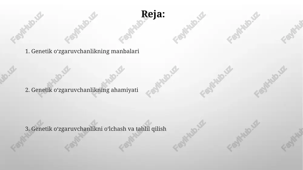 tasodifiy urugʻlanish, ya'ni ikki ota-ona gametalarining tasodifiy birlashishi, har bir avlodda 2^n xil genotipni shakllantiradi, bu yerda n – xromosomalar soni. oʻzgaruvchanlik manbalari: genetik dreyf genetik dreyf tasodifiy hodisa bo'lib, kichik populyatsiyalarda allellar chastotasining sezilarli darajada o'zgarishiga olib kelishi mumkin, bu esa 500 yoki undan kam individni tashkil qiladi. asoschi effekti genetik dreyfning bir turi bo'lib, bir nechta individ 10 tadan yangi populyatsiyani tashkil qilganda, genetik xilma-xillikni kamaytiradi. oʻzgaruvchanlik oʻlchovlari: allel chastotasi allel chastotasi populyatsiyada ma'lum bir allelning nisbiy ko'pligini ifodalaydi, 0 dan 1 gacha bo'lgan son bilan ifodalanadi. masalan, 0,7 allel chastotasi allelning 70% ni tashkil qilishini anglatadi. xardi-vaynberg qonuniyatiga ko'ra, allel chastotalari evolyutsion kuchlar bo'lmaganda (masalan, tanlanish) avloddan avlodga o'zgarmaydi. bu muvozanatni 1 = p + q tenglamasi bilan ifodalash mumkin. oʻzgaruvchanlik oʻlchovlari: geterozigotlilik geterozigotlilik bir locusda ikki xil allelga ega boʻlgan individlarning nisbatini ifodalaydi. bu oʻlchov populyatsiyada genetik xilma-xillikning muhim koʻrsatkichidir, odatda 0 dan 1 gacha qiymatlarda …