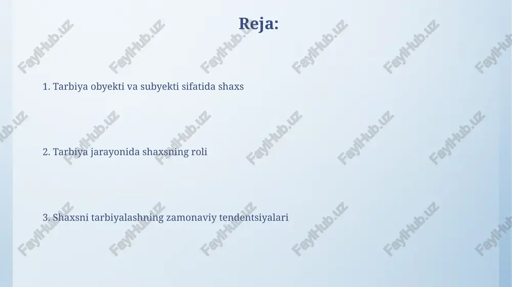tlari rivojlanadi. tarbiya sub'ekti sifatida shaxsning faolligi shaxsning tarbiya sub'ekti sifatidagi faolligi, o'z-o'zini anglash va 12-18 yoshlarda o'z faoliyatini baholash orqali namoyon bo'ladi, bu uning rivojlanishida muhim omil hisoblanadi. faol shaxs o'z qobiliyatlarini 9-sinfdan boshlab anglaydi, o'zini 20-asr pedagoglarining nazariyalari asosida mustaqil ravishda tarbiyalashga intiladi, bu esa shaxsiy rivojlanishni tezlashtiradi. tarbiya maqsadlari va vazifalari "tarbiya maqsadlari" shaxsning har tomonlama rivojlanishini ko'zlaydi: intellektual, axloqiy, estetik va jismoniy. bu jamiyatga foydali, barkamol shaxsni shakllantirishga qaratilgan. "tarbiya vazifalari" deganda, bolaning qobiliyatlarini ochish, unga bilim berish, kasbga yo'naltirish, milliy va umuminsoniy qadriyatlarni singdirish kabi 5 ta asosiy yo'nalish tushuniladi. tarbiya metodlari va vositalari tarbiya metodlari inson shaxsiga ta'sir etishning 3 asosiy usulini o'z ichiga oladi: ishonchlantirish (argumentatsiya), mashq qildirish (amaliy tajriba) va rag'batlantirish (motivatsiya). tarbiya vositalari 4 ta guruhga bo'linadi: og'zaki (hikoyalar, suhbatlar), vizual (rasmlar, filmlar), amaliy (o'yinlar, tadbirlar) va moddiy (kitoblar, o'quv qurollari). tarbiya jarayonida shaxsga individual yondashuv individual yondashuvda har bir bolaning …