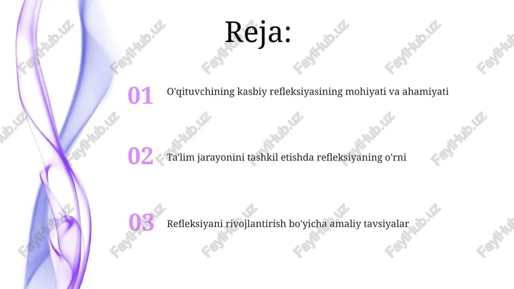 . bu jamoaviy refleksiya jarayoni. 1-bosqich: o'z-o'zini tahlil qilish. pedagog o'zining dars jarayonidagi harakatlarini, natijalarini va muammolarini chuqur baholaydi. bu o'ziga xos ichki kuzatuv hisoblanadi. muvaffaqiyatli refleksiya uchun shartlar o'qituvchi o'z faoliyatini tahlil qilish uchun yetarli vaqtga ega bo'lishi, kamida 15-20 daqiqa ajratib, kundalik tajribalarni baholashi muhim. refleksiyada o'qituvchi 360 daraja fikr-mulohazalarni qabul qilishi, o'quvchilar, hamkasblar va ota-onalardan olingan ma'lumotlar asosida xulosa yasashi zarur. amaliy misollar o'qituvchi darsdan keyin o'quvchilarning 80%i mavzuni tushunmaganini anglab, keyingi dars rejasida o'qitish metodini o'zgartirishi - amaliy misol. o'qituvchi har oyda 2-3ta o'quvchining xatti-harakatidagi o'zgarishlarni kuzatib, ular bilan suhbatlashib, yechim topishi refleksiv amaliyotdir. xulosa xulosa dars jarayonidagi 4 ta asosiy element (maqsad, vazifa, metod, baholash) natijalari asosida shakllanib, o'qituvchining 5 ta muhim kompetensiyasini rivojlantirishga yordam beradi. xulosa – bu o'qituvchi faoliyatining yakuniy bosqichi bo'lib, o'z tajribasini tahlil qilish va kelajak uchun rejalarni aniqlashda 1, 2, 3 ta asosiy yo'nalishni qamrab oladi. e'tiboringiz uchun rahmat image5.jpg …