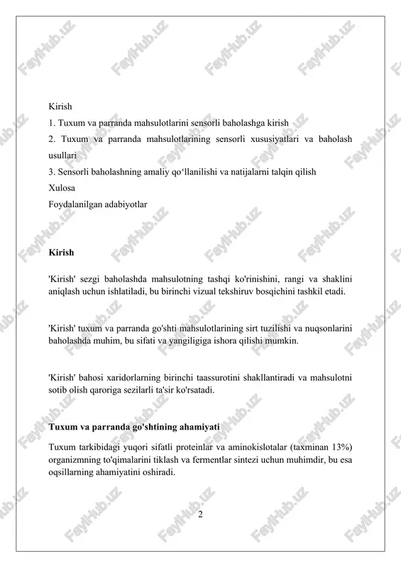 arning fikrlari mahsulot sifatini aniqlashda muhim ahamiyatga ega. sensorni baholash usullari diskriminatsion usullar, masalan, juftlik sinovi, uchburchak sinovi va duo-trio sinovi, sezgirlikdagi farqlarni aniqlash uchun ishlatiladi, odatda p-qiymati 0,05 dan past bo'lgan statistik ahamiyatlilik bilan. deskritiv tahlil, masalan, miqdoriy tavsifiy tahlil (qda), sensor xususiyatlarni miqdoriy aniqlash uchun ishlatiladi, intensivlik reytinglari odatda 1 dan 9 gacha bo'lgan shkala yordamida beriladi. affektiv usullar, shu jumladan yoqtirish sinovlari va hedonik shkalalar (odatda 9 ballik shkala), mahsulotlarni afzal ko'rish yoki qabul qilish darajasini o'lchash uchun ishlatiladi, katta namunalar (n>30) tavsiya etiladi. tuxumning tashqi ko'rinishini baholash tuxumning tashqi koʻrinishi qobigʻining rangi va tozaligi orqali baholanadi, 1 dan 5 gacha ball beriladi, bunda 1 eng past baho ifloslangan yoki yorilgan qobiqqa tegishli. qobiqning shakli ham muhim. normal tuxum oval shakliga ega boʻlishi kerak. gʻayrioddiy shakllar, masalan, dumaloq yoki choʻziq shakllar, 0.8 dan 1.2 gacha baholanadi. qobiqning tuzilishi tekis va bir xil boʻlishi kerak. qobiqdagi gʻadir-budirliklar yoki …