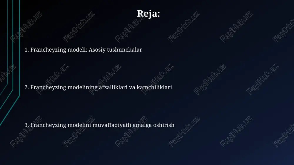 ddalashtirilgan' modellash bo'lib, unda asosiy elementlar ajratiladi va ularning nisbiy ahamiyati 5-10 ta parametr orqali ifodalanadi, bu tezroq analizni ta'minlaydi. frenchayzing modelini muvaffaqiyatli amalga oshirish muvaffaqiyatli amalga oshirish uchun, jamoa a'zolari, ayniqsa, 2-darajali terapevtlar, model tamoyillarini to'liq tushunishi va 80% hollarda unga rioya qilishi kerak. frenchayzing modeli 3 asosiy komponentga e'tibor qaratadi: standartlashtirilgan protokollar, sifat nazorati va doimiy takomillashtirish; bu 100% muvaffaqiyatga erishish uchun muhim. muvaffaqiyatli frenchayzing modelining misollari mcdonald's restoranlari franchayzing modelining global muvaffaqiyati, 40,000 dan ortiq joylarda standartlashtirilgan operatsiyalar va marketing strategiyalarini namoyish etadi. subway tez ovqatlanish tarmog'i 100 dan ortiq mamlakatda 37,000 dan ziyod restoranlari bilan franchayzing orqali kengayishning yorqin namunasidir. xulosa frenchayzing modeli xulosasi odatda bemorning funktsional imkoniyatlarini optimallashtirishga qaratilgan muolajalar rejasi samaradorligini baholashni o'z ichiga oladi. xulosada bemorning ahvoli boshlang'ich baholashdan beri qanday o'zgarganligi, masalan, nutq aniqligi 50% dan 80% gacha yaxshilanganligini aniq ko'rsatish kerak. e'tiboringiz uchun rahmat image2.jpg image3.jpg image4.jpg image5.jpg image6.jpg image7.jpg image8.jpg …