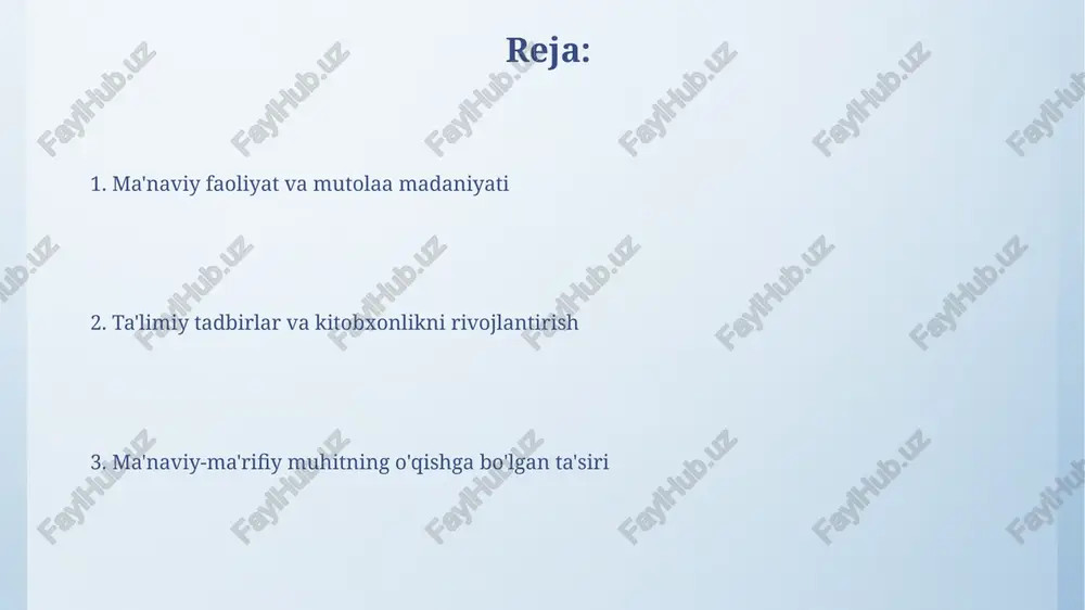 larda adabiyotga qiziqishni oshiradi va ularning lug'at boyligini 30% ga kengaytiradi. o'qish madaniyatini shakllantirishda axborot texnologiyalarining ahamiyati axborot texnologiyalari kitobxonlikni raqamlashtirish, masalan, 100 minglab elektron kitoblarni taqdim etish orqali qulaylik yaratadi va ko‘proq odamlarni jalb etadi. onlayn platformalar interaktiv ta'lim resurslari bilan o‘qish jarayonini yanada qiziqarli qiladi, 21-asr o‘quvchilarining ehtiyojlarini qondirib, tushunishni yaxshilaydi. o'qish madaniyatini rivojlantirish bo'yicha ilg'or tajribalar respublika bo'ylab "yosh kitobxon" ko'rik-tanlovi, 14-30 yosh oralig'idagi o'quvchilarning kitobga bo'lgan qiziqishini oshirishga qaratilgan muvaffaqiyatli loyiha hisoblanadi. "oila – kitobxon maskani" loyihasi oilaviy o'qishni targ'ib qiladi, bunda har bir oila a'zosi kamida 5 ta kitob o'qishi rag'batlantiriladi va oilaviy bahslar tashkil etiladi. e'tiboringiz uchun rahmat image4.png image5.png image6.jpg image7.jpg image8.jpg image9.jpg image10.jpg image11.jpg image3.jpeg