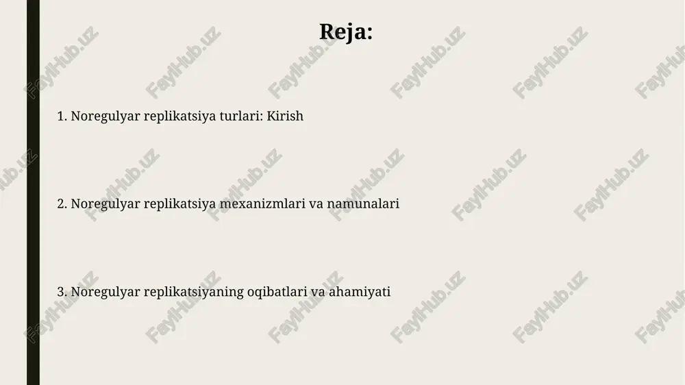 r zanjirli dnk hosil boʻladi. olingan uzun bir zanjirli dnk keyinchalik uzluksiz sintezlanadi va komplementar zanjir bilan toʻldiriladi, natijada koʻp sonli bir xil dnk nusxalari – 100 tagacha hosil boʻlishi mumkin. d-halqa replikatsiyasi d-halqa replikatsiyasi mitoxondrial dnk (mtdnk)da uchraydi va u yerda 7s dnk replikatsiya pufakchasini hosil qiladi, bu esa mtdnaning bir tomonlama ko'payishiga olib keladi. bu replikatsiya usuli bir zanjirli d-halqa hosil bo'lishi bilan ajralib turadi, bu halqa mtdnaning asosiy nazorat mintaqasida (cr) joylashgan 16000 dan ortiq asosdan iborat. teskari transkripsiya va replikatsiya teskari transkripsiya replikatsiyadan farq qiladi, chunki u rnkdan dnkni sintez qiladi, bu odatda retroviruslarda uchraydi, masalan, oiv, replikatsiyada esa dnk dnk nusxasini yaratadi. replikatsiyada dnk polimeraza fermenti dnk zanjirini sintez qiladi, teskari transkripsiyada esa teskari transkriptaza rnk asosida dnkni yaratadi, bu jarayon genomni integratsiyalash uchun muhim. telomerlarning replikatsiyasi telomerlar replikatsiyasi telomerazaning ishtirokini talab qiladi, bu maxsus rnk-bog'langan dnk polimeraza bo'lib, 3' uchini dnk matritsasisiz uzaytiradi, bu …