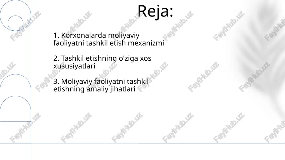 lar ko'rishni o'z ichiga oladi, masalan, 5% dan ortiq farqlar tahlil qilinadi. 5. investitsiya loyihalarini moliyalashtirish investitsiya loyihalarini moliyalashtirish odatda 70/30 qoidasiga amal qiladi, ya’ni loyihaning 70% qarz, 30% esa o‘z mablag‘lari hisobidan qoplanadi. venture kapitali fondlari startap loyihalariga yo'naltirilgan bo'lib, bu fondlar qisqa muddatda 30-50% daromad olishni maqsad qiladi. 6. aylanma mablag'larni boshqarish aylanma mablag'larni boshqarish, 20% zaxira kamaytirish orqali, likvidlikni oshirish va 15% foyda marjasini optimallashtirishga qaratilgan moliyaviy strategiyadir. korxonalar aylanma mablag'larni boshqarishda, 30 kunlik debitorlik qarzlari davriyligini nazorat qilishi va 10 kunlik kredit qarzlaridan foydalanishi muhim. 7. moliyaviy resurslarni jalb qilish manbalari bank kreditlari, qisqa muddatli (1 yilgacha) va uzoq muddatli (1 yildan ortiq) bo'lishi mumkin, moliyaviy resurslarning asosiy manbai bo'lib, foiz stavkalari va qaytarish shartlariga bog'liq. aksiyalar va obligatsiyalar kabi qimmatli qog'ozlarni chiqarish orqali moliyaviy resurslarni jalb qilish, kapitalni oshirishning muhim usuli bo'lib, dividendlar va foiz to'lovlarini talab qiladi. 8. moliyaviy xatarlarni baholash va boshqarish moliyaviy …