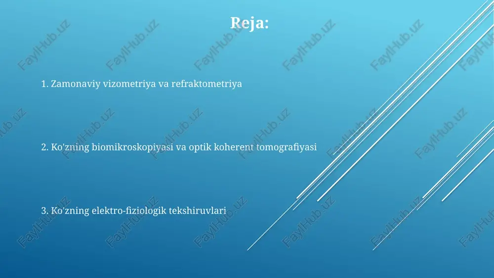 ya amplitudasi orqali aniqroq ko'rsatkichlarni ta'minlaydi, bu esa 10 dan 20 mm hg gacha bo'lgan bosimni baholashda foydalidir. rebound tonometri iop ni invaziv bo'lmagan holda o'lchaydi, zondning korneaga qisqa vaqt ichida tegishi orqali, natijalarni soniyaning bir qismida 5 dan 50 mm hg gacha bo'lgan diapazonda chiqaradi. ko'zning ultratovushli tekshiruvi (a-scan, b-scan) a-scan ultratovush tekshiruvi ko'zning o'qi uzunligini aniqlash uchun 10 mhz li prob yordamida ishlaydi, bu katarakta operatsiyasi uchun ko'z ichki linzasini hisoblashda muhim. b-scan ultratovush tekshiruvi ikki o'lchovli tasvirni yaratadi, shaffof muhitlar xiralashganda, masalan, qon quyilishi bo'lsa, to'r pardani vizualizatsiya qilish imkonini beradi. ko'z ultratovushida 8 mhz chastotali probadan foydalanish ko'z ichidagi o'smalarni, to'r parda ko'chishini va boshqa patologiyalarni aniqlashga yordam beradi va xavfsiz, invaziv bo'lmagan usuldir. zamonaviy perimetriya hrt (heidelberg retina tomografiyasi) bilan birgalikda ishlatiladigan perimetriya glaukomani erta aniqlash uchun juda muhim, chunki u ko'rish nervining shikastlanishini aniqlay oladi. zamonaviy perimetriya statik perimetriyani o'z ichiga oladi, unda yorug'lik …