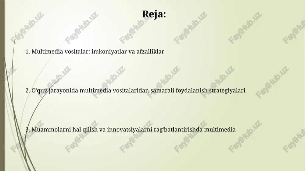 huquqi va umumiy xarajatlar, jumladan, 1 yillik obuna to'lovi kabi omillarni hisobga olish lozim. qo'llab-quvvatlanadigan formatlar soni (masalan, 4k video, mp3 audio, jpg rasmlar) kontentni yaratish va tarqatishda moslashuvchanlikni ta'minlaydi, bu esa 99% holatlarda muvaffaqiyatga olib keladi. multimedia vositalaridan foydalanish bosqichlari birinchi bosqich - rejalashtirish, bunda maqsad aniqlanadi, auditoriya baholanadi va kontent strukturasi tuziladi. masalan, infografika uchun ma'lumotlar yig'iladi va hikoya yaratiladi. ikkinchi bosqich - ishlab chiqarish. bu erda matn, rasm, audio va video kabi elementlar yaratiladi yoki yig'iladi. masalan, video montaj qilinadi va animatsiya qo'shiladi. multimedia vositalari bilan dars rejalashtirish multimedia vositalaridan foydalanish orqali dars rejalashtirishda, 'interactive whiteboards' kabi qurilmalar yordamida 70% talabalar uchun tushunish darajasini oshirish mumkin. dars rejalarida 'video-based learning' texnikasini qo'llash, masalan 3-5 daqiqalik qisqa videolar, talabalarning diqqatini 85% gacha ushlab turishga yordam beradi. multimedia vositalaridan samarali foydalanish strategiyalari multimedia vositalaridan 70/30 qoidasiga rioya qiling: taqdimotning 70% vizual, 30% matn boʻlsin, auditoriyaning eʼtiborini ushlab turing hamda …