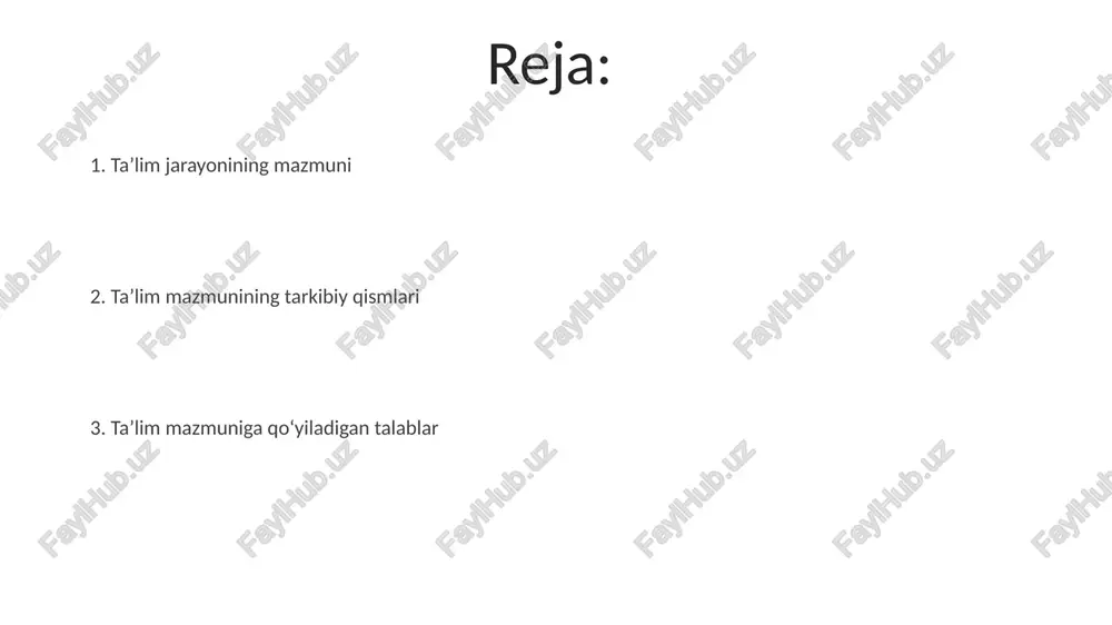 baholashlarni o'z ichiga oladi; bu foizlar talabaning umumiy o'zlashtirish darajasini aniq aks ettiradi. ta'lim mazmuniga qo'yiladigan talablar ta'lim mazmuni jamiyatning ijtimoiy-iqtisodiy rivojlanish ehtiyojlariga mos bo'lishi, shuningdek, har bir shaxsning intellektual o'sishini ta'minlashi kerak. davlat ta'lim standartlari doirasida ta'lim mazmuni o'quv rejalari va dasturlari orqali amalga oshiriladi, bunda bilim, ko'nikma va malakalarning uzviy bog'liqligi ta'minlanadi. ta'lim mazmunini takomillashtirish istiqbollari kredit-modul tizimini kengaytirish, talabalarga mustaqil ta'lim olish uchun ko'proq imkoniyatlar yaratish va o'quv yuklamasini optimallashtirish takomillashtirishning asosi hisoblanadi. ta'lim mazmunini takomillashtirishda steam (science, technology, engineering, arts, mathematics) yondashuvini joriy etish orqali 21-asr ko'nikmalarini rivojlantirish muhim ahamiyatga ega. e'tiboringiz uchun rahmat image5.jpg image6.jpg image7.jpg image8.jpg image9.jpg image10.jpg image11.jpg image1.jpeg image2.jpeg