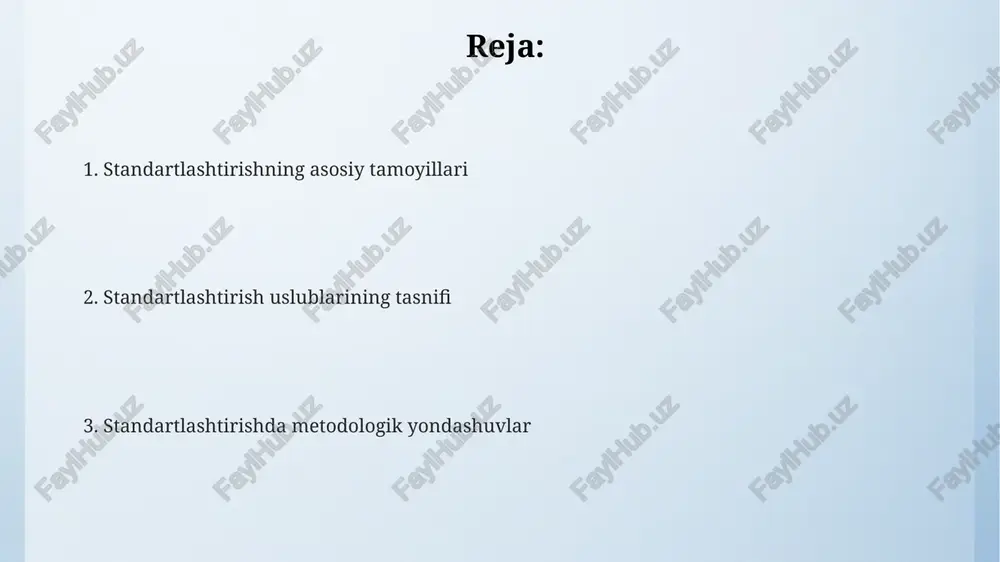 odologiyasi standartlashtirish bo'yicha tadqiqotlar metodologiyasi 120 dan ortiq xususiyatlarni o'rganadi, shu jumladan o'lchov aniqligi va takroriyligi, 10% gacha noaniqlikni kamaytirishga qaratilgan. metodologiya 3 bosqichli jarayonni o'z ichiga oladi: dastlabki baholash, parametrlarni aniqlash va keyinchalik 5 marta sinovdan o'tkazish, bu 95% ishonchlilikni ta'minlaydi. tadqiqotlar 7 ta asosiy metodni qo'llaydi, masalan, statistik tahlil va qiyosiy baholash, standartlashtirishning 80% samaraliroq bo'lishini ta'minlaydi. standartlashtirish jarayonining bosqichlari ikkinchi bosqich – standart loyihasini ishlab chiqish, uni manfaatdor tomonlar bilan muhokama qilish va ekspertizadan o'tkazish, texnik komitetlarning ishtirokini ta'minlash muhim. standartlashtirish jarayonining birinchi bosqichi – muammoni aniqlash va standartlashning maqsadlarini belgilash, shu jumladan, texnik reglamentlarni ishlab chiqish zarurati. uchinchi bosqich – standartni tasdiqlash, ro'yxatdan o'tkazish va nashr etish, keyinchalik uning amaliyotga joriy etilishini monitoring qilish va zarurat tug'ilsa, qayta ko'rib chiqish. standartlashtirishda axborot ta'minoti standartlashtirishda axborot almashinuvi, elektron hujjat aylanishi tizimini joriy etish orqali 10-15% vaqtni tejashga hamda xatolarni kamaytirishga yordam beradi. standartlashtirish boʻyicha axborot ta’minoti 034 …