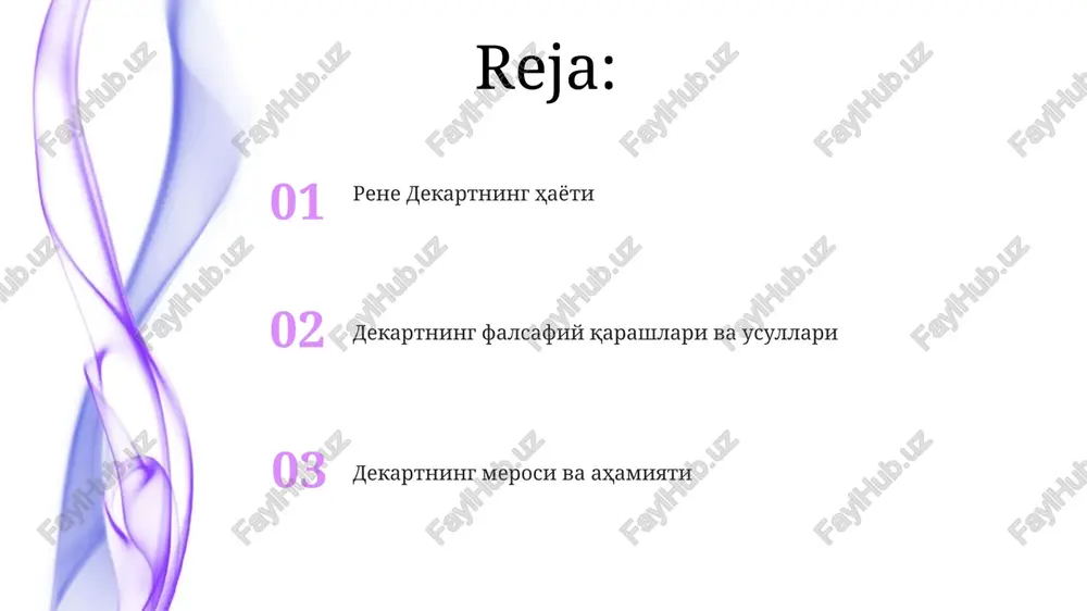 ar' asarida aqlning mavjudligiga shubha qilib bo'lmasligini isbotlashga qaratilgan fundamental asosdir. 'men o'ylayman, demak men mavjudman' falsafasi skeptitsizmga qarshi turadi, chunki biror narsaga shubha qilishning o'zi fikrlash jarayonini va shu orqali mavjudlikni anglatadi. ushbu falsafa g'arb falsafasining asosiy toshi bo'lib, inson aqlini bilishning boshlang'ich nuqtasi sifatida belgilaydi va dualizm nazariyasining rivojlanishiga turtki berdi. karteziya koordinatalari va matematikaga qo'shgan hissasi u geometrik shakllarni algebraik tenglamalar bilan ifodalash imkoniyatini yaratdi, masalan, y = mx + b ko'rinishidagi chiziq tenglamasi 17-asrda keng qo'llanilgan. descartes analitik geometriyaning asoschisi bo'lib, u geometriyani algebraga bog'lash uchun koordinatalar sistemasidan, xususan, ikki o'lchovli karteziya tekisligidan foydalangan. descartesning ishi matematikaga sezilarli ta'sir ko'rsatdi, bu esa funksiya tushunchasini rivojlantirish va differentsial hisobni yaratish uchun muhim poydevor bo'ldi. dekartning ilmiy ishlari va fizika dekartning fazo haqidagi qarashlari geometriya va fizikani birlashtirib, uch o'lchovli koordinata tizimini (x, y, z o'qlari) kiritdi, bu esa keyinchalik nyutonning harakat qonunlariga zamin yaratdi. dekartning yorug'lik haqidagi …