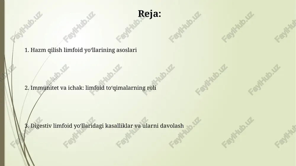arilishi va roli iga ishlab chiqarilishi t-hujayralariga bog'liq yoki bog'liq bo'lmagan holda sodir bo'ladi, bunda t-hujayralariga bog'liq bo'lmagan yo'l shilliq qavatda keng tarqalgan bo'lib, antigen ta'sirida plazmatik hujayralarning tez ko'payishiga olib keladi. polimerik iga (piga) epiteliya hujayralarining bazal qismida joylashgan polimer immunoglobulin retseptorlari (pigr) bilan bog'lanadi, so'ngra hujayra orqali tashiladi va apikal yuzasida ajralib chiqadi, sekretsion iga (siga) hosil qiladi. oziq-ovqatga tolerantlik va disbiozning immunologik asoslari oziq-ovqatga tolerantlikning buzilishi t-hujayralar javobini yo'qotishi bilan bog'liq bo'lib, bu esa 1-toifa gipersezuvchanlik reaksiyalarini kuchaytiradi va ige ishlab chiqarishni oshiradi. disbioz immunitetni modulyatsiya qiluvchi bakteriyalarni kamaytiradi, masalan, *faecalibacterium prausnitzii*, bu esa ichak yallig'lanishini va patogenlarga sezuvchanlikni oshiradi. hazm qilish limfoid yo'llarining kasalliklardagi ahamiyati ichakning yallig'lanish kasalliklarida (ibd) limfoid to'qimalarning giperaktivligi kuzatiladi, bu esa 1-toifa t-yordamchi hujayralarining ko'payishiga va surunkali yallig'lanishga olib keladi. oziq-ovqat allergiyalarida limfoid yo'llar ige antitanachalarining ishlab chiqarilishini kuchaytiradi, mast hujayralarini faollashtiradi va shuningdek, oshqozon-ichak tizimida allergik reaktsiyalar paydo bo'lishiga sabab bo'ladi. …