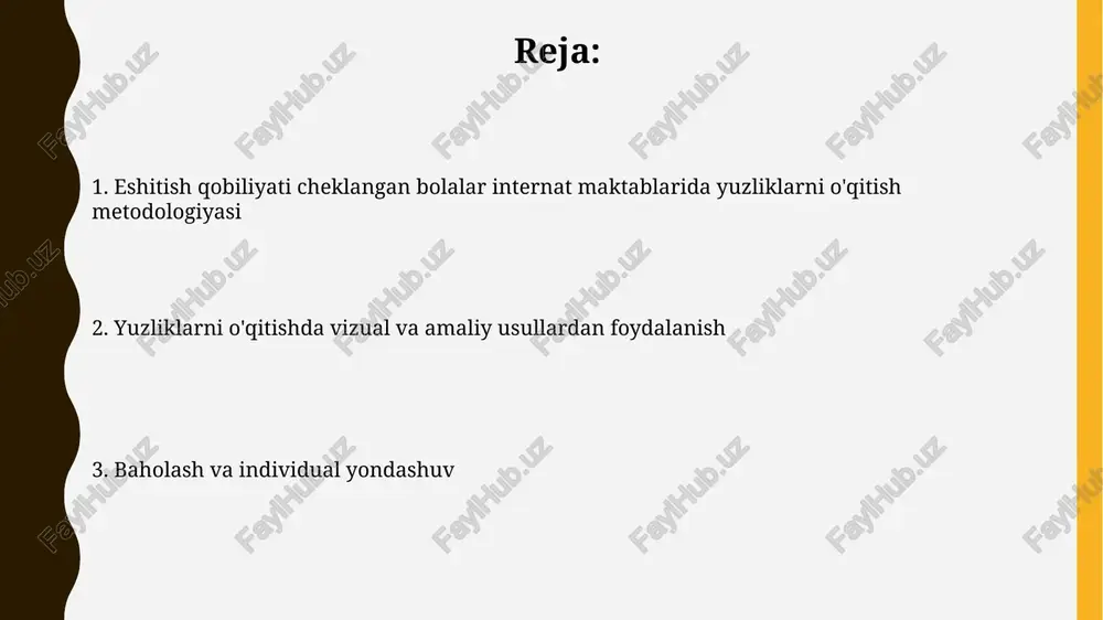 rgazmali vositalar yuzliklarni o'rgatishda 100 ta rangli kubikdan foydalanishni o'z ichiga oladi, bu raqamli qiymatni vizual ravishda ko'rsatish orqali tushunishni osonlashtiradi. surdopedagogikada yuzliklarni tushuntirish uchun raqamli chiziqlardan foydalanish mumkin, bunda 0 dan 1000 gacha oraliq har bir yuzlikni (100, 200, 300...) aniq ko'rsatadi. o'yinlar va amaliy mashg'ulotlar oʻyinlar, masalan, 100 dona kubikdan iborat piramida qurish orqali vizual tushunchani mustahkamlash va guruh bilan ishlashni ragʻbatlantirish mumkin. amaliy mashgʻulotlar, masalan, 3 ta 100 soʻmlik pulni yigʻish orqali real hayotiy vaziyatlarni simulyatsiya qilib, pulni hisoblash koʻnikmalarini oʻrgatadi. individual yondashuv individual yondashuvda har bir o'quvchining eshitish darajasi va qobiliyatini aniqlash muhim, shunda ta'lim rejasini moslashtirish 75% samarali bo'ladi. eshitish qobiliyati past bolalarga individual yondashuv orqali vizual vositalar (rasmlar, imo-ishoralar) dan foydalanish 90% ko'proq tushunishga yordam beradi. baholash usullari o'quvchilarning yuzliklar mavzusini tushunishini baholashda individual testlar muhim, ularda 100 dan 999 gacha bo'lgan sonlarni yozish, o'qish va taqqoslash vazifalari beriladi. kuzatuv usuli orqali o'quvchilarning dars …