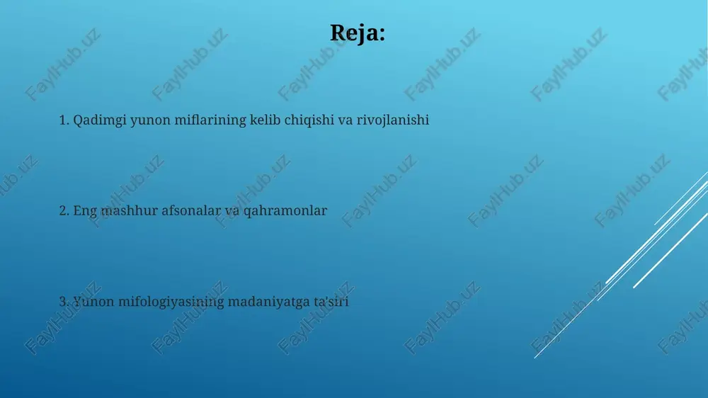 : afsona va tarix troyaning qulashi afsonasi egey dengizi boʻyidagi muhim savdo shaharini 10 yil davomida qamal qilgan yunon qahramonlarining jasoratini tasvirlaydi, miloddan avvalgi 1200-yillarda. troya urushi haqidagi hikoyalar koʻpincha gomerning “iliada” va “odisseya” kabi epik dostonlarida aks etgan boʻlib, ular qahramonlar, xudolar va 10 yillik urush davomidagi voqealarni tasvirlaydi. odyssey: odisseyning uyga sayohati odisseyaning 10 yillik uyga sayohati davomida u ko'plab xavf-xatarlarga, shu jumladan, bir ko'zli dev siklop polifem bilan uchrashuvga duch keladi. sehrgar kirka odisseyni bir yil davomida o'z orolida ushlab turadi va odissey uni o'zining jozibasi va aql-idroki bilan yengadi. argonavtlar: oltin junning qidiruvi 'argo' kemasi 50 ga yaqin qahramon argonavtlarni, jumladan, gerakl va orfeyni kolxidaga oltin junni olish uchun uzoq va xavfli sayohatga olib bordi. yason oltin junni qo'lga kiritish uchun bir qator xavfli sinovlardan o'tishi kerak edi, bu sinovlarda aet tomonidan qo'yilgan 2 ta olov nafas oluvchi buqani bo'ysundirish kerak edi. yaratilish miflari: dunyoning paydo …
