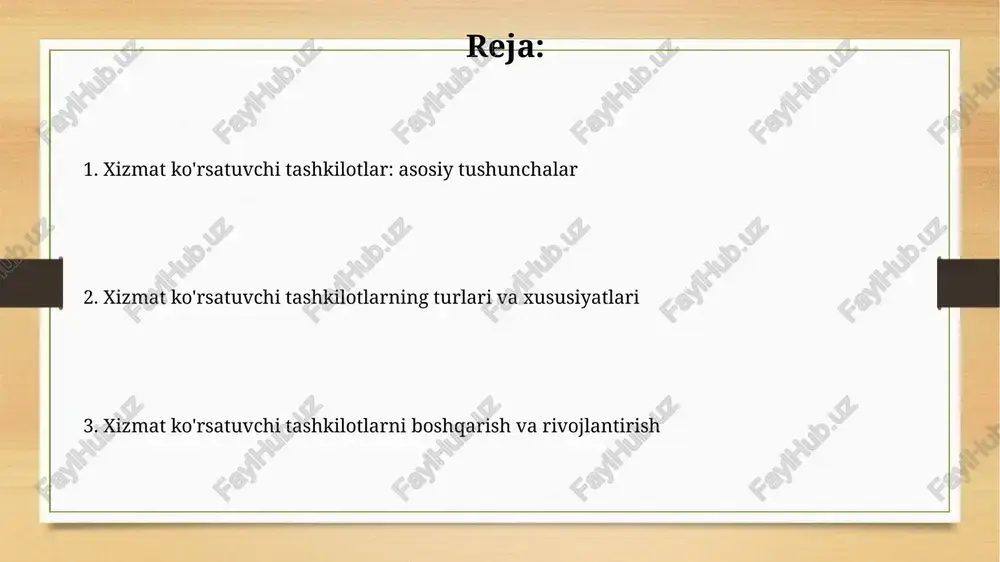 ladi, bu esa mijozlar bilan uzoq muddatli munosabatlarning muhimligini koʻrsatadi. xizmat ko'rsatuvchi tashkilotlarning afzalliklari xizmat ko'rsatuvchi tashkilotlar 24/7 qo'llab-quvvatlashni ta'minlashi mumkin, bu esa mijozlarga istalgan vaqtda yordam olish imkoniyatini beradi, natijada samaradorlik 30% ga oshishi mumkin. ko'p xizmat ko'rsatuvchi tashkilotlar malakali mutaxassislarga ega bo'lib, ular muammolarni tez va samarali hal qila oladi, bu esa umumiy xarajatlarni 15% ga kamaytiradi. xizmat ko'rsatuvchi tashkilotlarning kamchiliklari xizmat ko'rsatuvchi tashkilotlarda xodimlarning malakasi past bo'lishi mumkin, natijada 20% mijozlar norozi bo'lib, xizmat sifatini 3 darajaga pasaytiradi. ko'pincha, 10 ta xizmat ko'rsatuvchi tashkilotdan 4 tasida resurslar yetishmasligi kuzatiladi, bu esa xizmat ko'rsatish vaqtini 15 daqiqaga cho'zadi. xizmat ko'rsatuvchi tashkilotlarni boshqarish xizmat ko'rsatuvchi tashkilotlarni boshqarishda sifat nazorati muhim, 5s tizimi kabi vositalar xizmat ko'rsatish jarayonlarini optimallashtirish va mijozlar ehtiyojlarini qondirishga yordam beradi. xizmat ko'rsatuvchi tashkilotlar uchun xodimlar motivatsiyasi strategiyalari, masalan, kpi-ga asoslangan mukofotlash tizimi, xodimlarning unumdorligini oshirish va yuqori darajadagi xizmatni ta'minlash imkonini beradi. xizmat ko'rsatuvchi tashkilotlarda …
