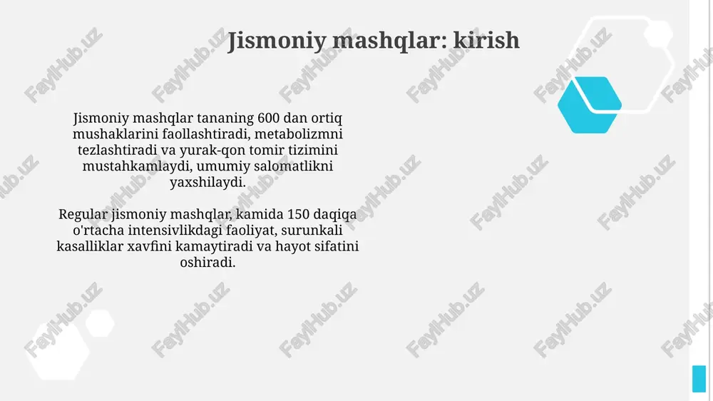asosiy usullari mavjud. muvozanat mashqlari muvozanat mashqlari, masalan, bir oyoqda turish 30 soniya davomida, tana vaznini muvozanatlash uchun mushaklarni mustahkamlaydi va yiqilish xavfini kamaytiradi. yoga va pilates kabi muvozanat mashqlari 10-15 daqiqa davomida haftada kamida 3 marta bajarilishi mumkin, bu esa koordinatsiya va tanani boshqarish qobiliyatini yaxshilaydi. mashqlar turlari mashqlar turlari kuchi, chidamlilik, moslashuvchanlik va muvozanatni rivojlantirishga qaratilgan bo'lib, har biri tananing alohida tizimlariga ta'sir ko'rsatadi, masalan, yurak-qon tomir va nafas olish tizimlari. aerobik mashqlar yurak urish tezligini oshiradi va kislorodni samarali ishlatishga yordam beradi, shu bilan birga, og'irlik mashqlari 630 dan ortiq mushaklarni kuchaytiradi va suyak zichligini oshirishga yordam beradi. mashq qilishdan oldin mashqdan oldin 5-10 daqiqa yengil kardio, masalan, yugurish yoki sakrash, tana haroratini ko'tarib, muskullarga qon oqimini yaxshilaydi va 20% gacha jarohat xavfini kamaytiradi. statik cho'zilishlar, misol uchun, biceps cho'zilishi, mashqdan keyin afzalroq, chunki ular muskullarning kuchini 15% gacha kamaytirishi mumkin. mashqdan oldin dinamik cho'zilishlar maqsadga muvofiq. …