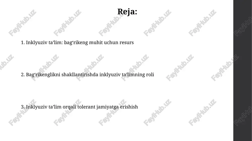 ng imkoniyatlarni ta’minlaydi, bu esa 10-15% ko’proq o’quvchilarning muvaffaqiyatga erishishiga yordam beradi. inklyuziv sinflarda o’qiydigan bolalar 25% gacha yaxshiroq ijtimoiy ko’nikmalarni namoyish etadilar, ularning tengdoshlari bilan munosabatlari yaxshilanadi. turli xillikni qabul qilish turli xillikni qabul qilish, ijtimoiy adolatga erishishning muhim omilidir, bu yerda har bir insonning o'ziga xosligini 100% hurmat qilish va qadrlash kerak. turli xillikni qabul qilish 21-asrning asosiy ko'nikmalaridan biri bo'lib, u odamlarga turli xil nuqtai nazarlarni tushunishga va 360 gradusda muvaffaqiyatli muloqot qilishga yordam beradi. kamsitishga qarshi kurash kamsitishga qarshi kurashda 2006-yildan beri nogironlar huquqlari konvensiyasi muhim rol o'ynaydi, u kamsitishning barcha shakllariga qarshi kurashishni maqsad qiladi. gender tengsizligi kamsitishning asosiy shakli bo'lib, 1979-yilgi bmt konvensiyasi (cedaw) ayollar huquqlarini himoya qilishga qaratilgan, bu kurashning muhim qismidir. empatiya va hamdardlikni rivojlantirish empatiya mashqlari, masalan, rol o'yinlari, boshqalarning nuqtai nazarini tushunishga yordam beradi, bu esa tolerantlikni 30% ga oshirishi mumkin. hamdardlikni rivojlantirish, 1-sinfdan boshlab adabiyot va san'at orqali, o'quvchilarning …