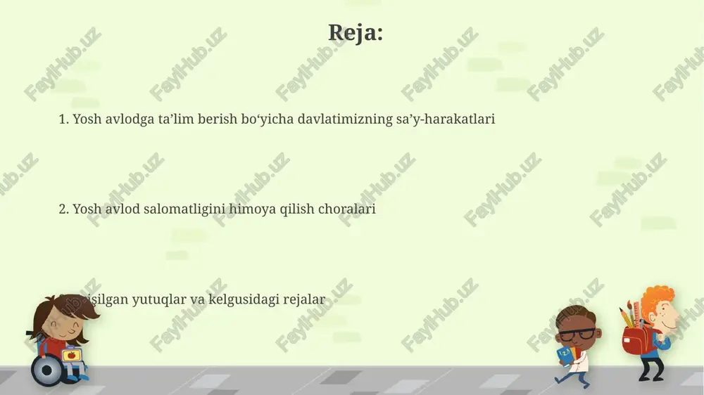 engineering, arts, mathematics) yo‘nalishidagi darslar keng joriy etilmoqda. “milliy o‘quv dasturi” asosida 1-11-sinflar uchun yangi avlod darsliklari yaratilmoqda. yangi darsliklar 2026-yilga to'liq joriy etilishi rejalashtirilgan. kasb-hunar ta’limi: istiqbol va imkoniyatlar "kasb-hunar ta’limi" dasturi yoshlarga 70 dan ortiq kasb bo'yicha qisqa muddatli kurslarda o'qish va sertifikat olish imkonini beradi. davlat "yoshlar daftari" loyihasi orqali 16-30 yoshdagi ishsizlarni kasbga o'rgatish uchun 2,2 million so'mgacha vaucherlar bilan ta'minlaydi. oliy ta’lim tizimidagi islohotlar 2017-yildan boshlab oliy ta’lim qamrovi 9 foizdan 28 foizga oshirildi, bu esa yoshlarning ko'proq qismining oliy ma'lumot olish imkoniyatini ta'minladi. davlat grantlari soni sezilarli darajada oshirildi, xususan 2020-yilda 25 foizga ko'paytirilib, ijtimoiy himoyaga muhtoj talabalarni qo'llab-quvvatlash kuchaytirildi. yoshlarning sog‘ligini muhofaza qilish: asosiy vazifalar yosh avlod salomatligini himoya qilishda 2024-yilga kelib kamida 95% bolalarni profilaktik emlash bilan qamrab olish muhim vazifa hisoblanadi. maktablarda sog‘lom ovqatlanishni targ‘ib qilish, shu jumladan ortiqcha shakar va tuz miqdori kam bo‘lgan mahsulotlarni ta'minlash asosiy chora hisoblanadi. sog‘lom …