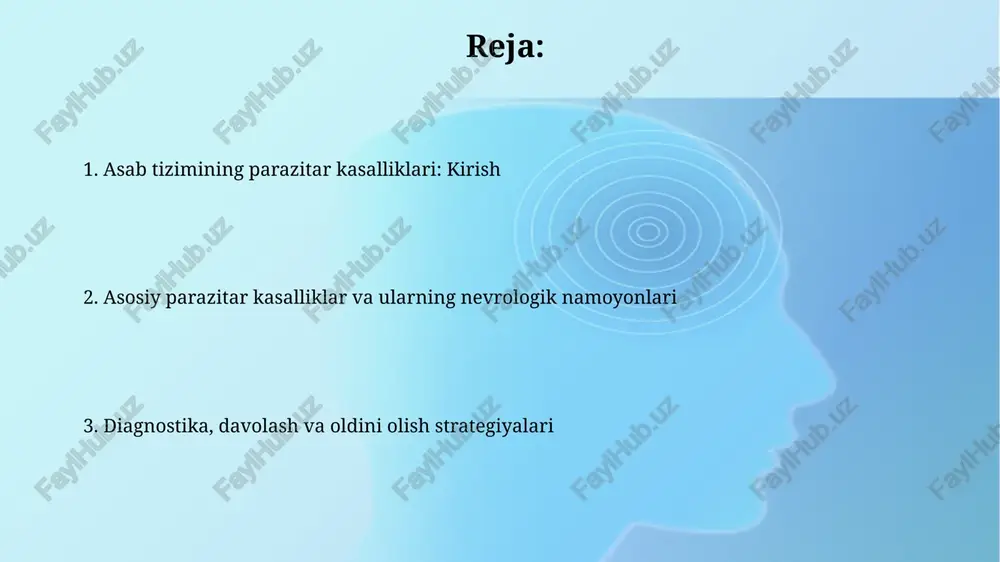 a'rifi va sabablari neyrosistiserkoz - bu *taenia solium* lentasining lichinkalik shakli bilan kasallanish boʻlib, miyada kistalar hosil qiladi. bu tutqanoq va nevrologik defitsitning asosiy sabablaridan biridir. toksoplazmoz - bu *toxoplasma gondii* paraziti keltirib chiqaradigan keng tarqalgan infektsiya. immuniteti past odamlarda miya abssesslarini keltirib chiqarishi va encefalitga olib kelishi mumkin. neyrosistitserkoz neyrosistitserkoz, asosan, cho'chqa tasmasi qurti *taenia solium* lichinkalari orqali yuqadi, ular miya va orqa miya kabi nerv to'qimalarida kistalar hosil qiladi. neyrosistitserkozda tutqanoq xurujlari eng ko'p uchraydigan simptomlardan biridir, chunki kistalar miya faoliyatini buzadi, bu esa 50% dan 80% gacha holatlarda kuzatiladi. toksoplazmoz toksoplazmoz odamning markaziy nerv tizimiga ta'sir qilishi mumkin, ayniqsa oiv/oits bilan kasallanganlar yoki immuniteti susaygan shaxslarda, bunda toksoplazma ensefaliti kabi asoratlar paydo bo'lishi mumkin. toxoplasma gondii paraziti ko'pincha mushuklar orqali tarqaladi; odamlar ifloslangan mushuk axlatidan, pishirilmagan go'shtdan yoki vertikal ravishda onadan bolaga yuqishi mumkin. bu holat tug'ma toksoplazmoz deyiladi. bezgak (malariya) bezgek (bezgak) nerv sistemasiga bevosita ta'sir …