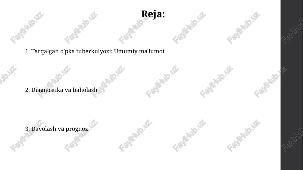 i. qandli diabet immunitetning buzilishiga olib keladi va glyukoza metabolizmining o'zgarishi hisobiga tbni faollashtirish xavfini 2-3 barobar oshiradi. klinik ko'rinish o’pkaning disseminatsiyalangan tuberkulyozida bemorlarda tana haroratining 37.5°c dan 38.5°c gacha ko’tarilishi, holsizlik va ishtaha yo’qolishi kabi intoksikatsiya belgilari kuzatilishi mumkin. o’pkaning o’tkir disseminatsiyalangan tuberkulyozida bemorlarda nafas qisilishi, quruq yo’tal va ko’krak qafasida og’riqlar kuzatiladi, ba’zan gemoptiziya 5-10 ml gacha bo’lishi mumkin. diagnostika diagnostika o'pkaning tarqalgan tuberkulyozida muhim ahamiyatga ega, bunda 5-10 mm o'lchamdagi ko'plab miliar tugunchalar o'pka parenximasida rentgenogrammada aniqlanadi. sputumni mikroskopiya va madaniyat orqali tekshirish mikobakteriyalarni aniqlashda yordam beradi; ziehl-neelsen usuli 60-80% hollarda tashxisni tasdiqlaydi. rentgenologik belgilari o'pkaning tarqalgan tuberkulyozida rentgenologik tekshiruvlarda mayda o'choqli infiltratlar aniqlanadi, diametri 1-3 mm bo'lgan, ko'pincha ikkala o'pka sohasida simmetrik joylashgan bo'ladi. rentgenogrammada, ayniqsa jarayonning avj olgan davrida, o'pka ildizlarining kengayishi va zichlashishi, shuningdek, 4-7 mm gacha bo'lgan tuberkulyomalar paydo bo'lishi kuzatilishi mumkin. kt belgilari kt belgilari tarqoq mayda o'choqlarni ko'rsatishi mumkin, ular odatda …