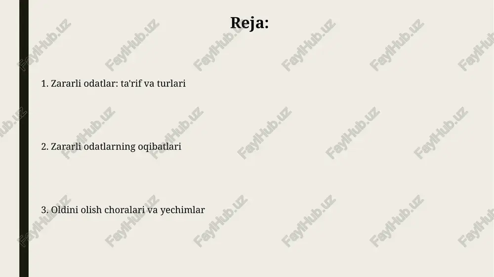 ir kasalliklari xavfini 2-4 barobar oshiradi va o'pka saratoni bilan kasallanish ehtimolini 15-30 barobar oshiradi, bu esa erta o'limga olib kelishi mumkin. ruhiy salomatlikka ta'siri zararli odatlar depressiya, tashvish va stress darajasini 20% dan 30% gacha oshirib, ruhiy salomatlikni sezilarli darajada yomonlashtirishi mumkin. surunkali uyqusizlik 40% hollarda zararli odatlar tufayli yuzaga keladi, bu esa diqqatni jamlash va kognitiv funksiyalarni pasaytiradi. ijtimoiy hayotga ta'siri zararli odatlar, masalan, giyohvandlik, oilaviy munosabatlarga 75% gacha salbiy ta’sir ko’rsatib, ajralish darajasini oshiradi va bolalar tarbiyasiga xavf tug’diradi. ijtimoiy faollikning pasayishi, jumladan, volontyorlik va jamoat ishlarida ishtirok etish 40% gacha kamayadi, bu esa jamiyatdagi birdamlikka zarar yetkazadi. zararli odatlardan qutulish yo'llari 12 qadamli dastur kabi qo'llab-quvvatlash guruhlarida qatnashish, zararli odatlardan xalos bo'lishga yordam beradi va bu jarayonda 80% muvaffaqiyatga erishish mumkin. kognitiv xulq-atvor terapiyasi (cbt) yordamida noto'g'ri fikrlash shakllarini aniqlash va o'zgartirish zararli odatlarni 75% gacha kamaytirishga olib kelishi mumkin. oldini olish strategiyalari stressni boshqarish uchun …